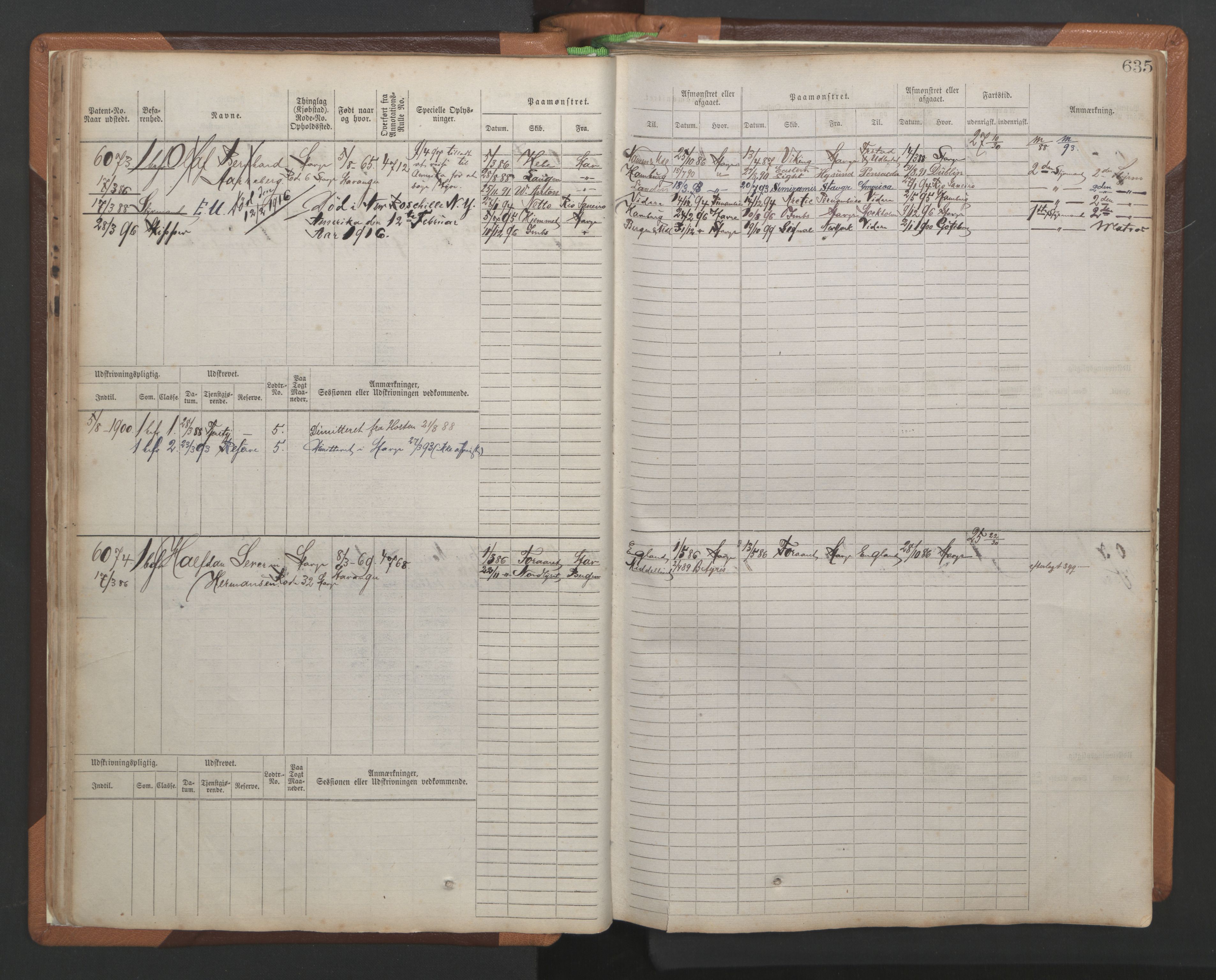 Stavanger sjømannskontor, AV/SAST-A-102006/F/Fb/Fbb/L0010: Sjøfartshovedrulle, patentnr. 6007-6606 (del 1), 1887-1896, s. 39