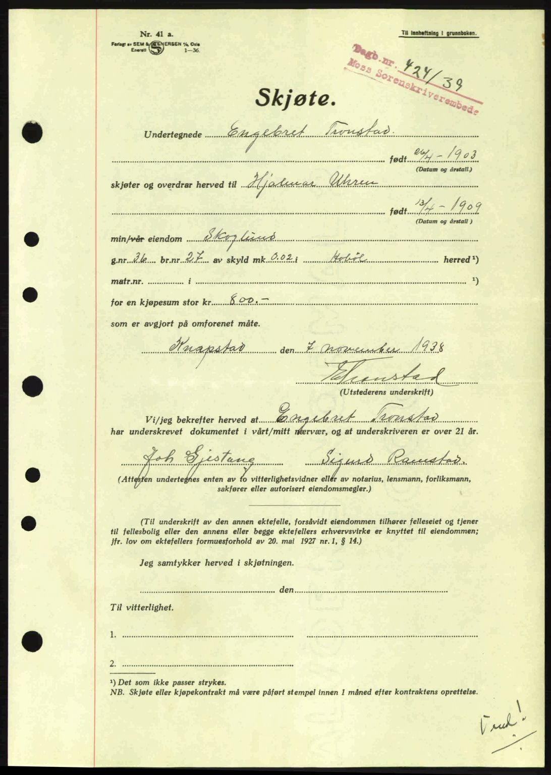 Moss sorenskriveri, SAO/A-10168: Pantebok nr. A5, 1938-1939, Dagboknr: 424/1939