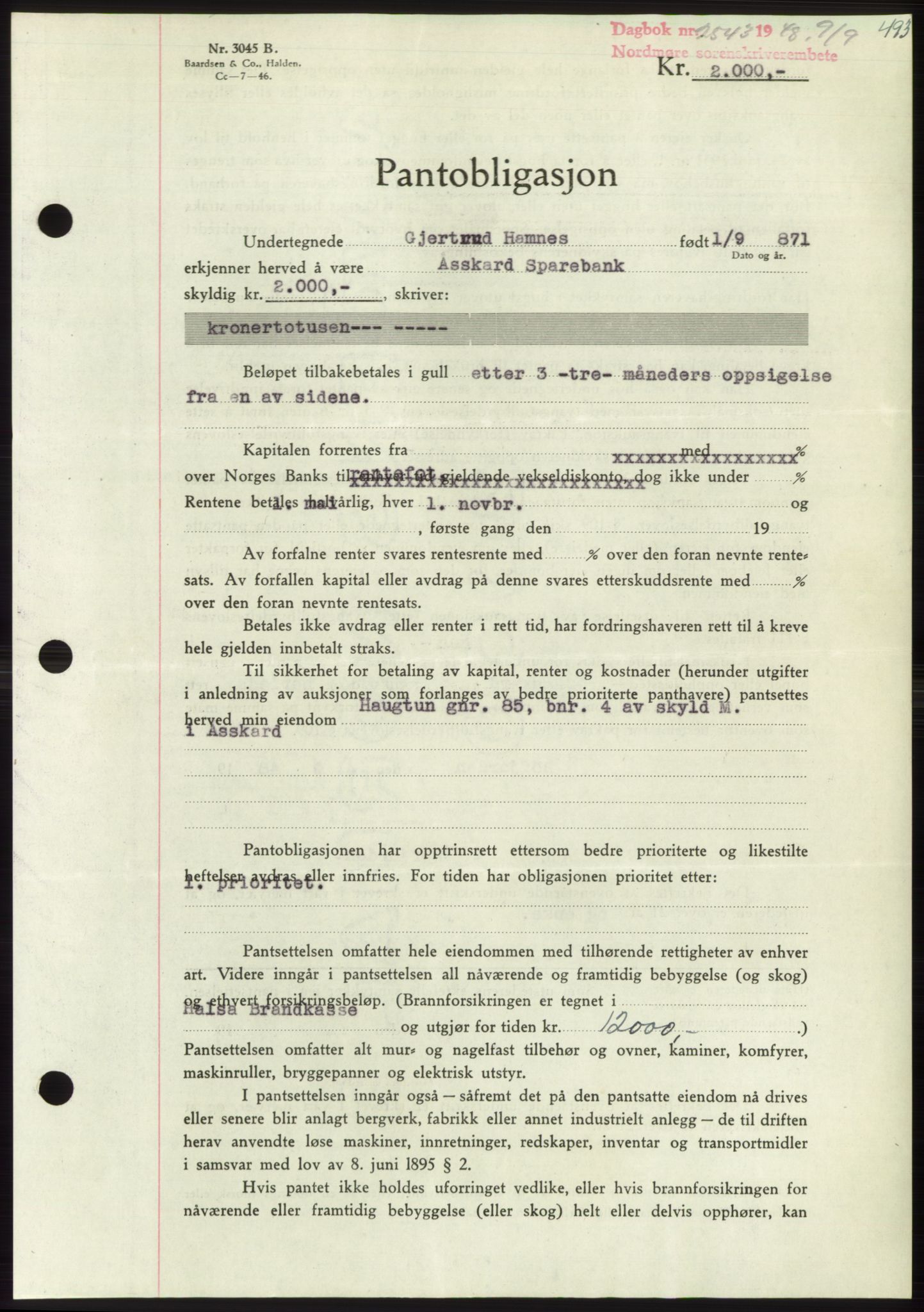 Nordmøre sorenskriveri, SAT/A-4132/1/2/2Ca: Pantebok nr. B99, 1948-1948, Dagboknr: 2543/1948