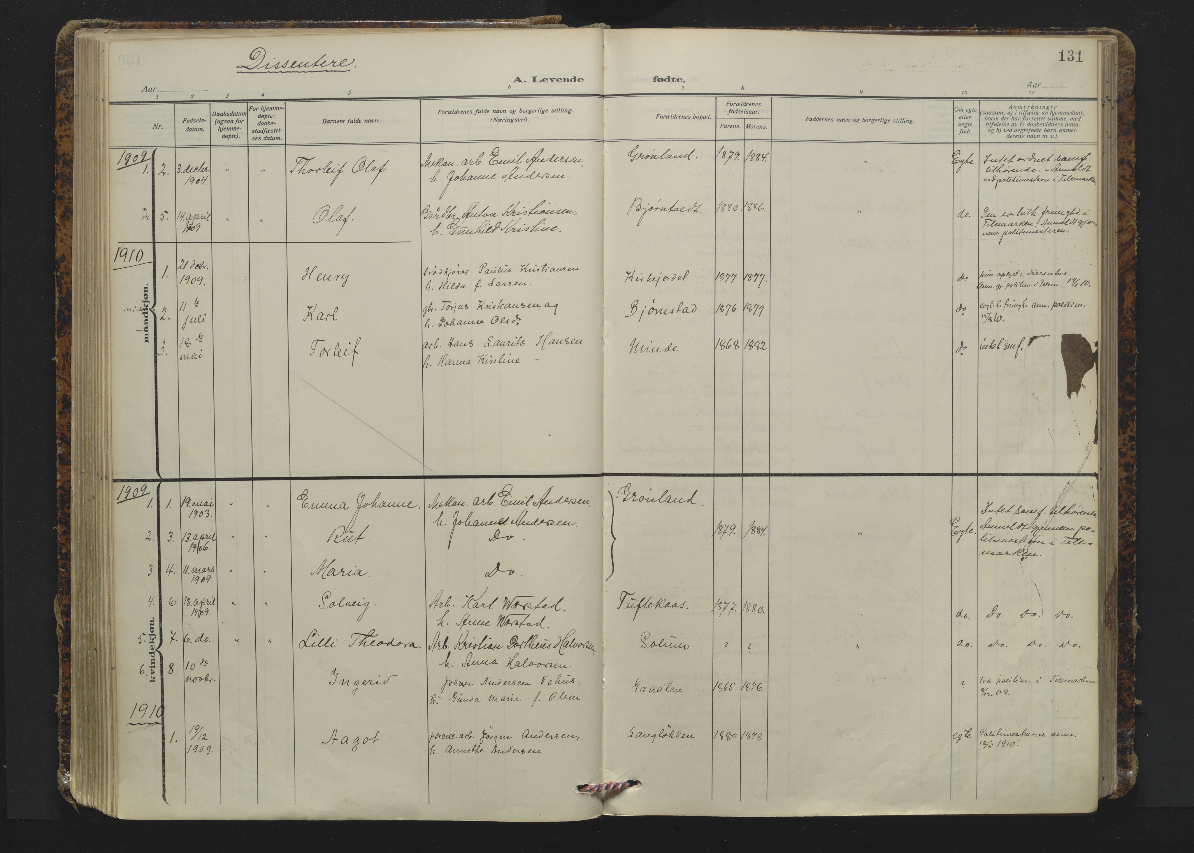 Solum kirkebøker, AV/SAKO-A-306/F/Fa/L0012: Ministerialbok nr. I 12, 1909-1922, s. 131