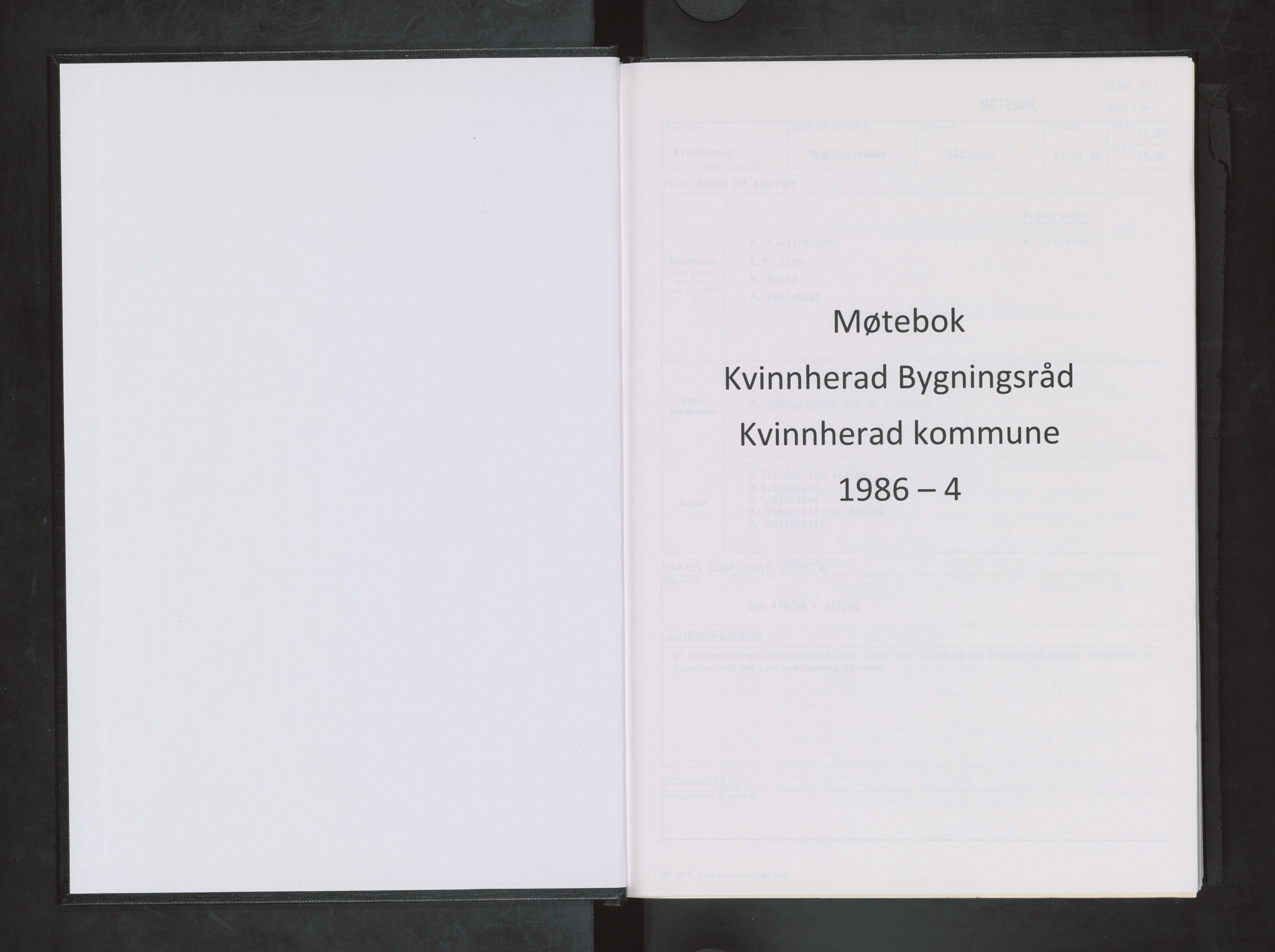 Kvinnherad kommune. Bygningsrådet , IKAH/1224-511/A/Aa/L0051: Møtebok for Kvinnherad bygningsråd, 1986