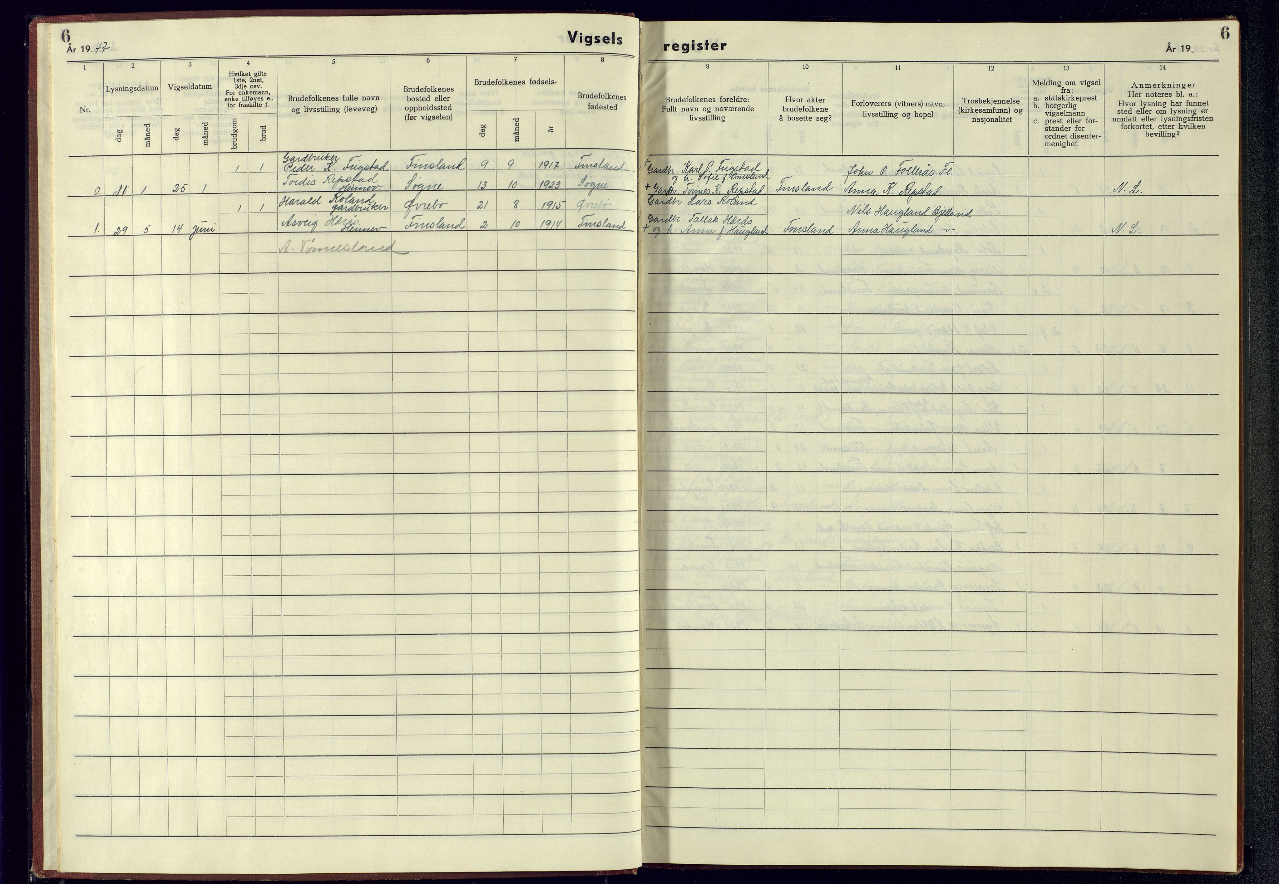 Bjelland sokneprestkontor, SAK/1111-0005/J/Jb/L0009: Vigselsregister nr. II.6.9, 1942-1956, s. 6