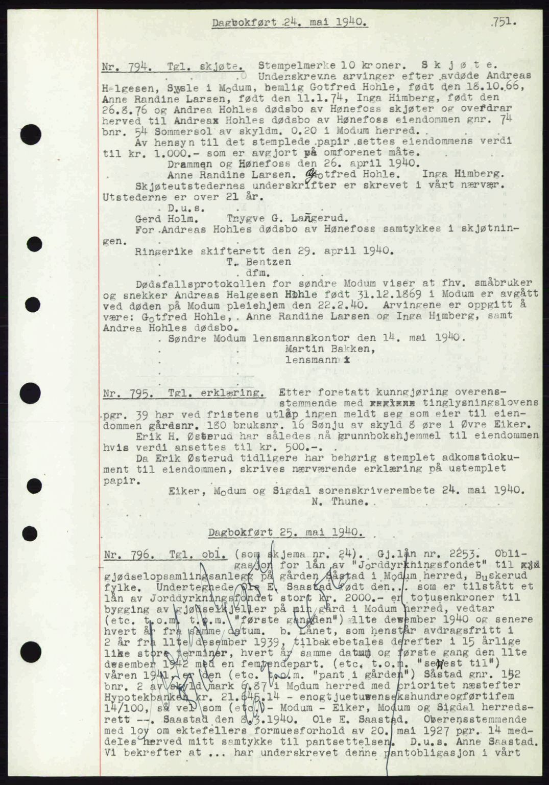 Eiker, Modum og Sigdal sorenskriveri, SAKO/A-123/G/Ga/Gab/L0041: Pantebok nr. A11, 1939-1940, Dagboknr: 794/1940
