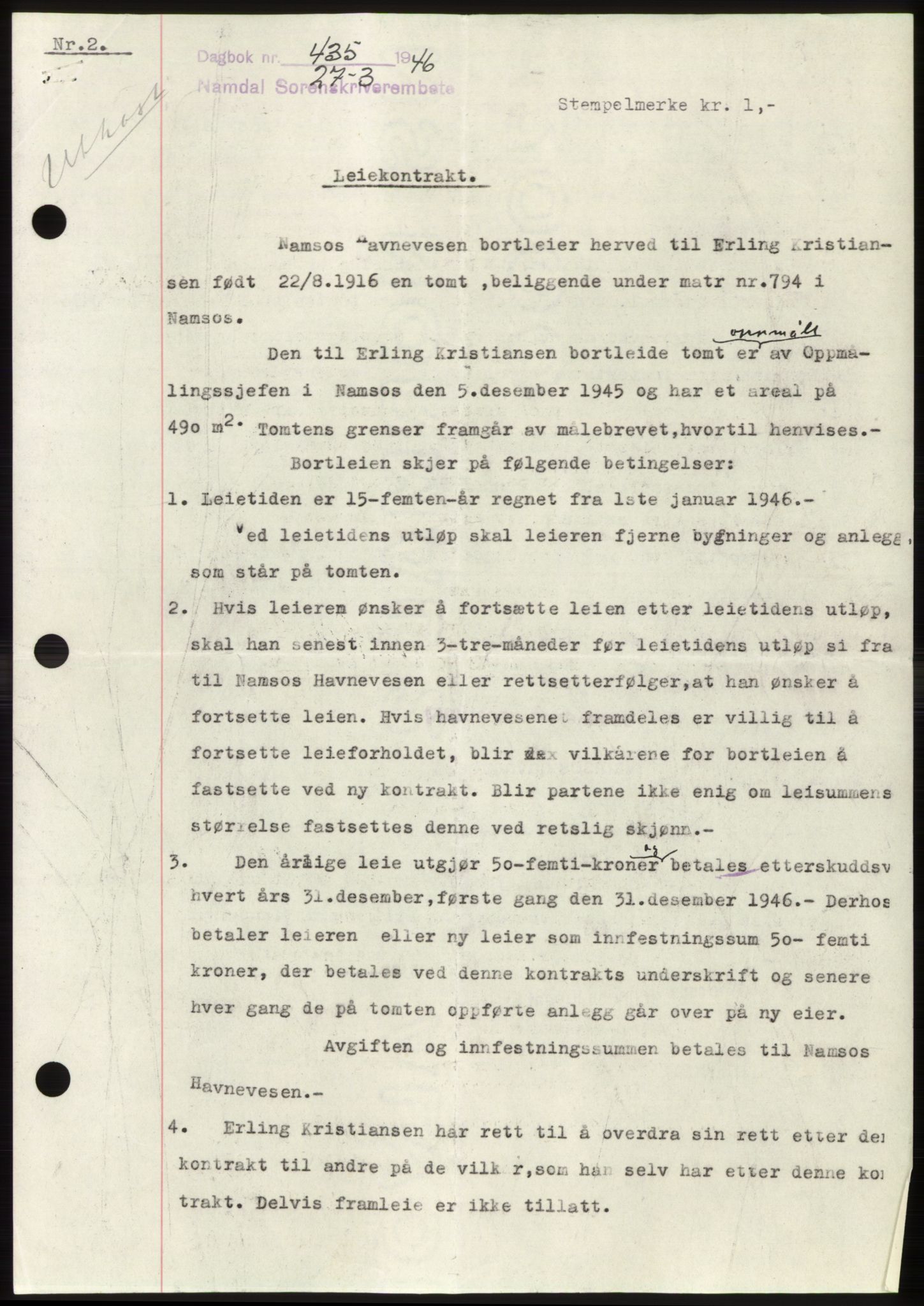 Namdal sorenskriveri, SAT/A-4133/1/2/2C: Pantebok nr. -, 1946-1946, Dagboknr: 435/1946