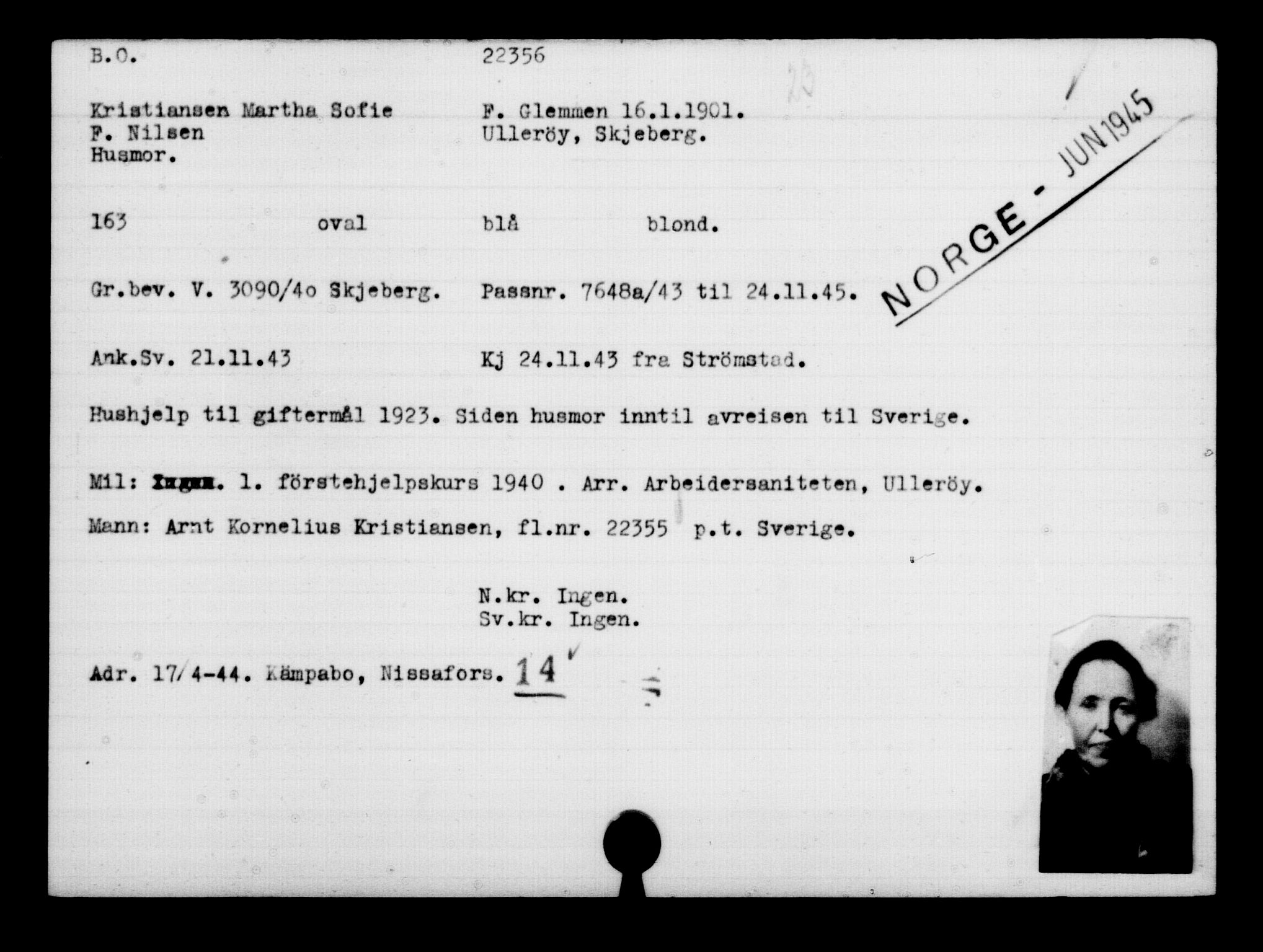 Utenriksstasjonene, Legasjonen i Stockholm, Flyktningkontoret, AV/RA-S-6753/V/Va/L0010: Kjesäterkartoteket, flyktninger med registreringsnr. 22000-25314, 1940-1945, s. 391