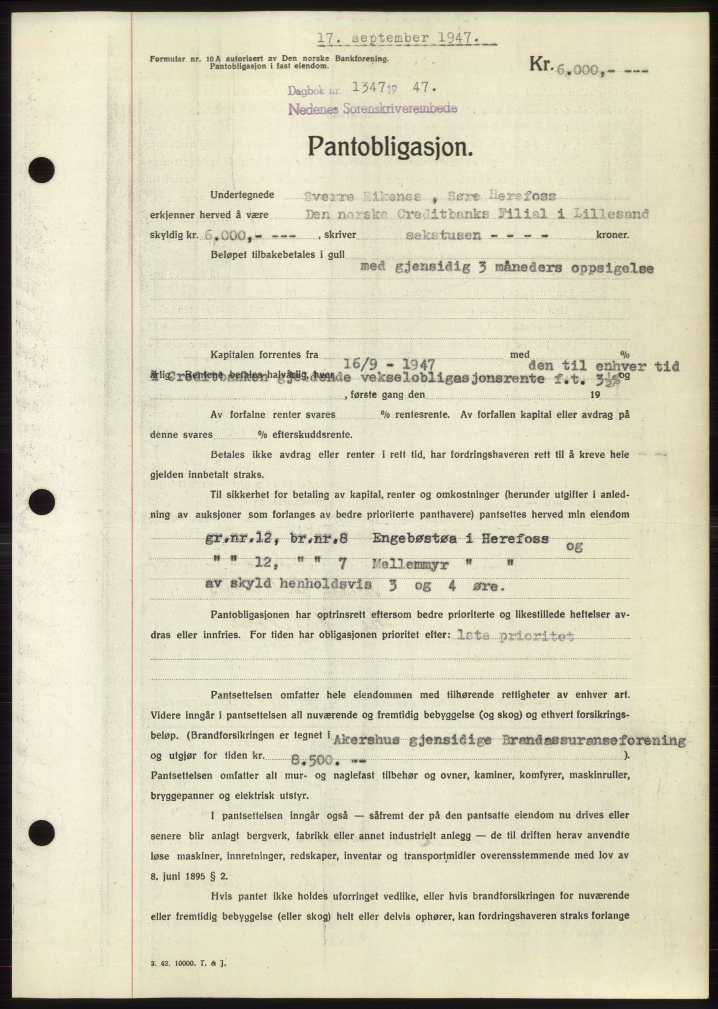 Nedenes sorenskriveri, SAK/1221-0006/G/Gb/Gbb/L0004: Pantebok nr. B4, 1947-1947, Dagboknr: 1347/1947