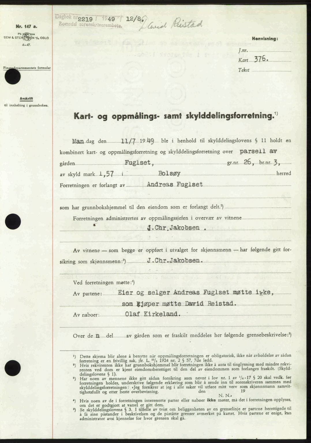 Romsdal sorenskriveri, SAT/A-4149/1/2/2C: Pantebok nr. A30, 1949-1949, Dagboknr: 2219/1949