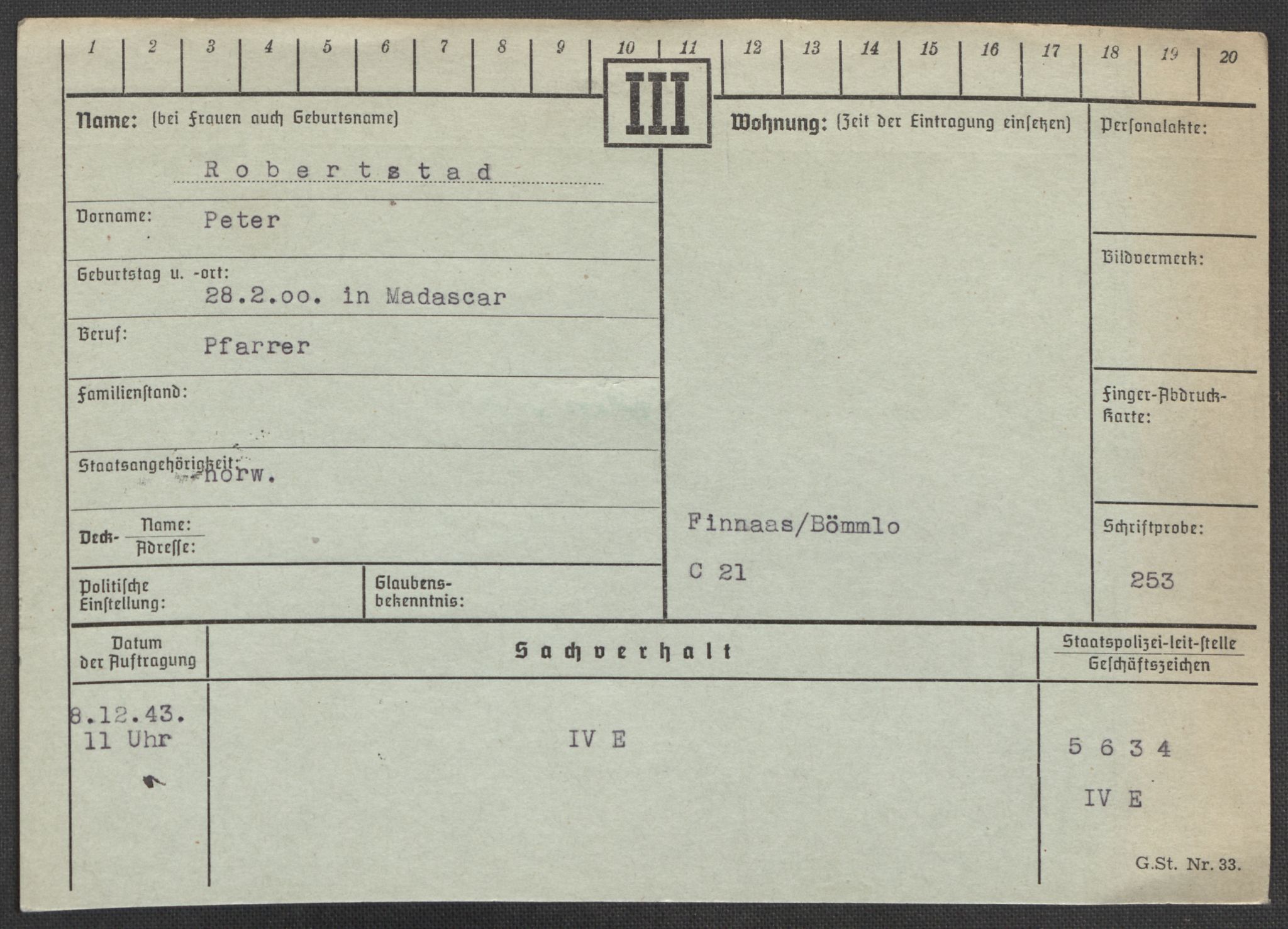 Befehlshaber der Sicherheitspolizei und des SD, RA/RAFA-5969/E/Ea/Eaa/L0008: Register over norske fanger i Møllergata 19: Oelze-Ru, 1940-1945, s. 1266