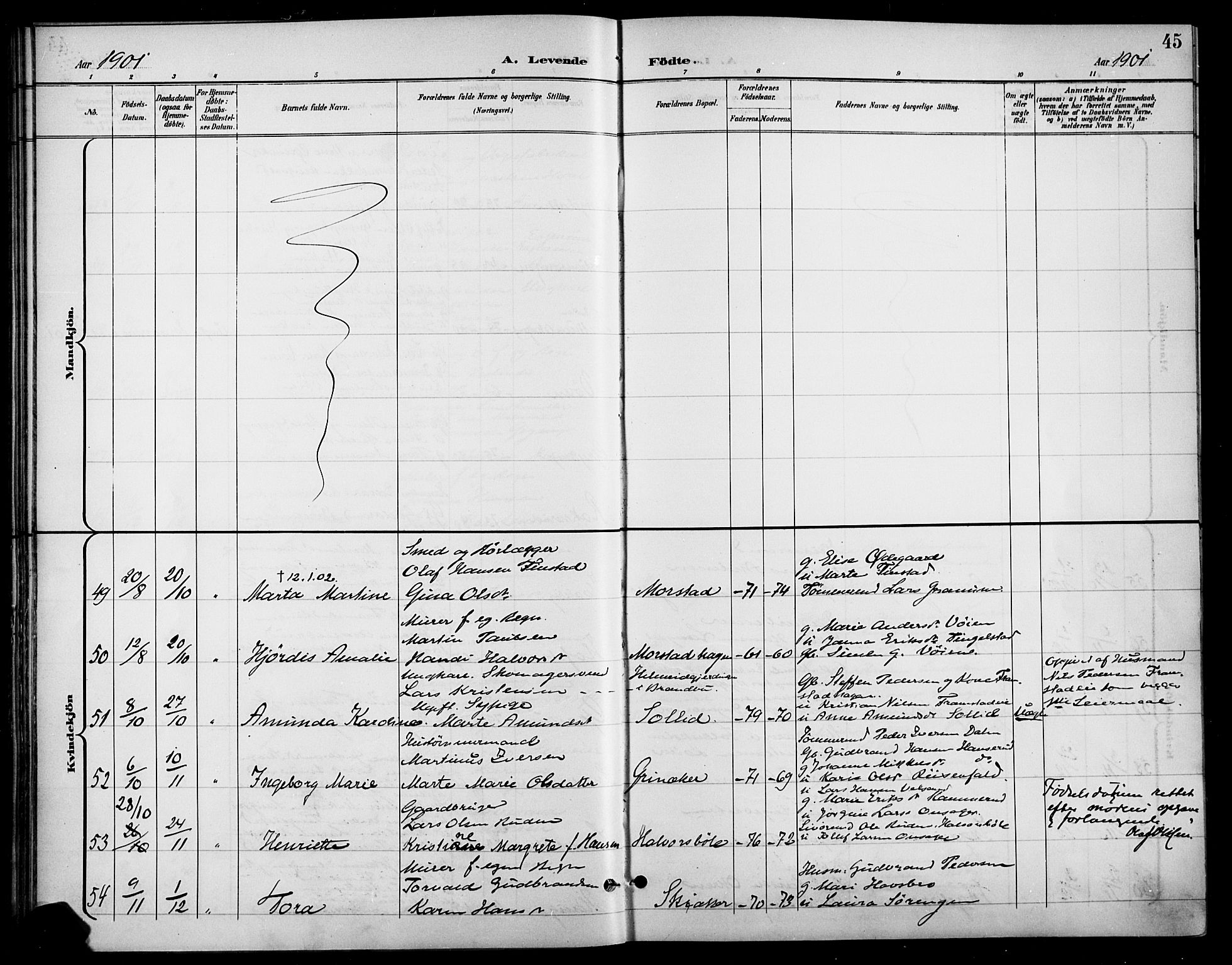 Gran prestekontor, SAH/PREST-112/H/Ha/Haa/L0019: Ministerialbok nr. 19, 1898-1907, s. 45