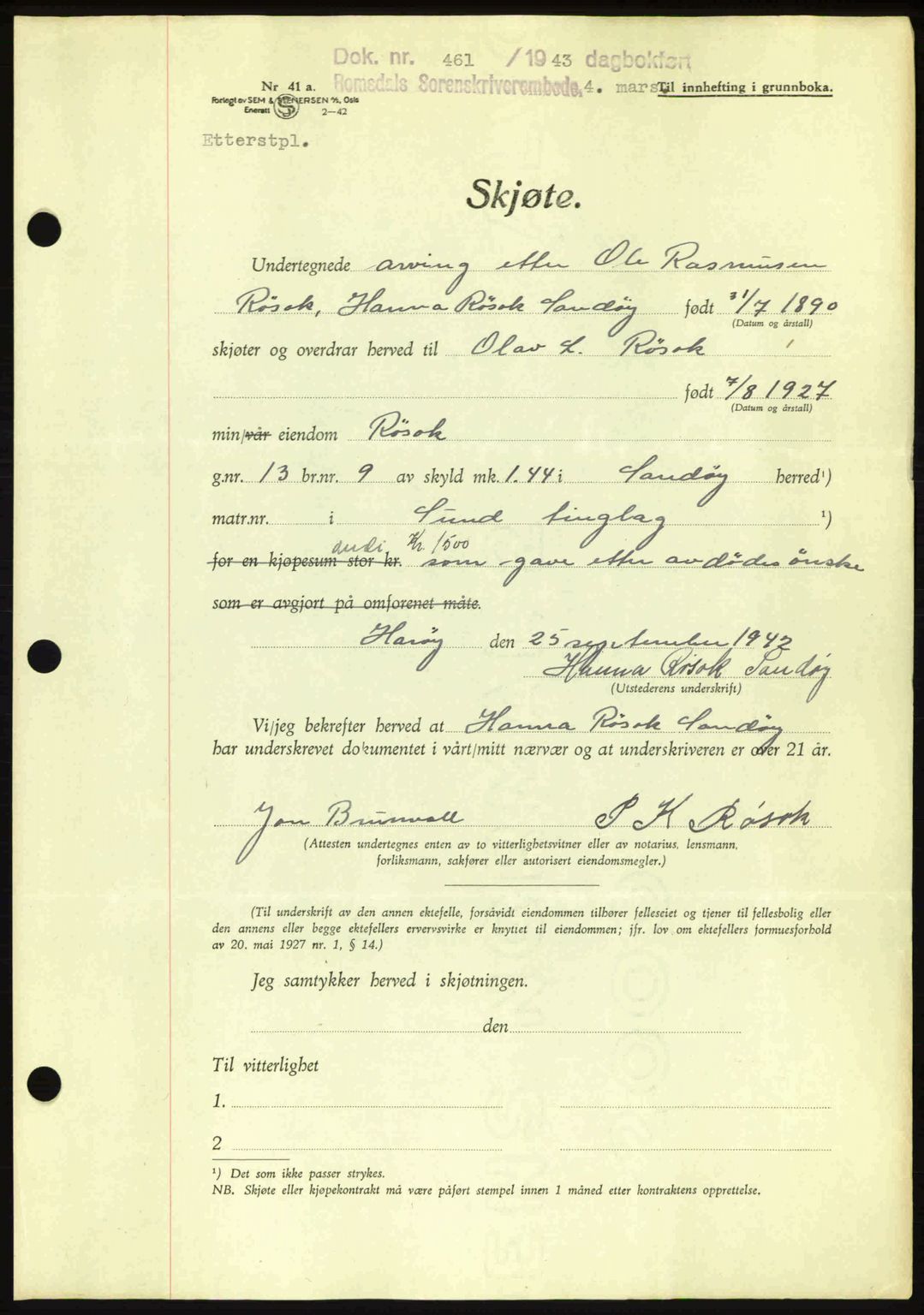 Romsdal sorenskriveri, SAT/A-4149/1/2/2C: Pantebok nr. A14, 1943-1943, Dagboknr: 461/1943
