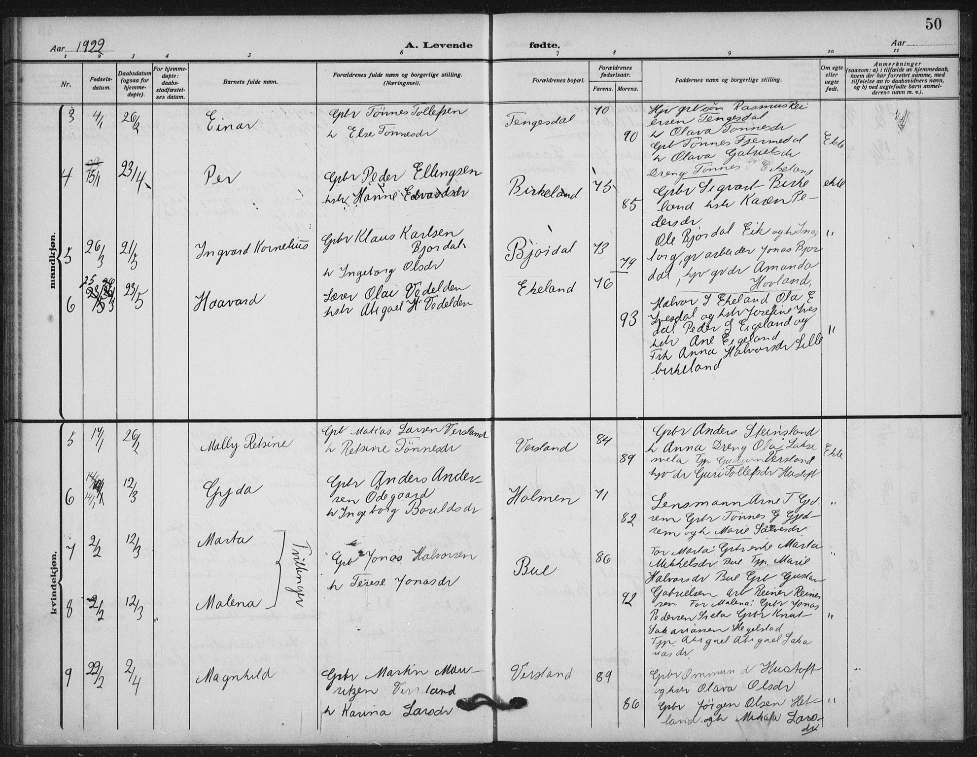 Helleland sokneprestkontor, AV/SAST-A-101810: Ministerialbok nr. A 11, 1909-1922, s. 50