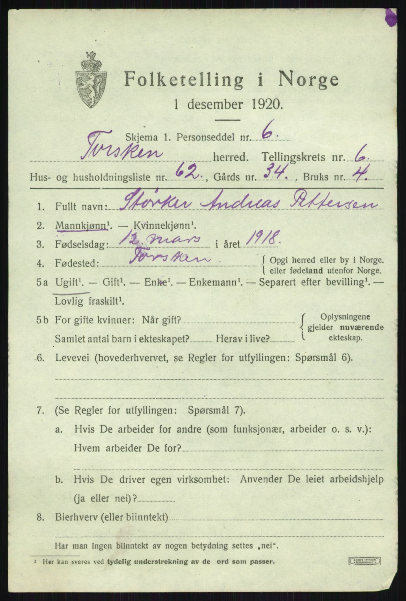 SATØ, Folketelling 1920 for 1928 Torsken herred, 1920, s. 3182