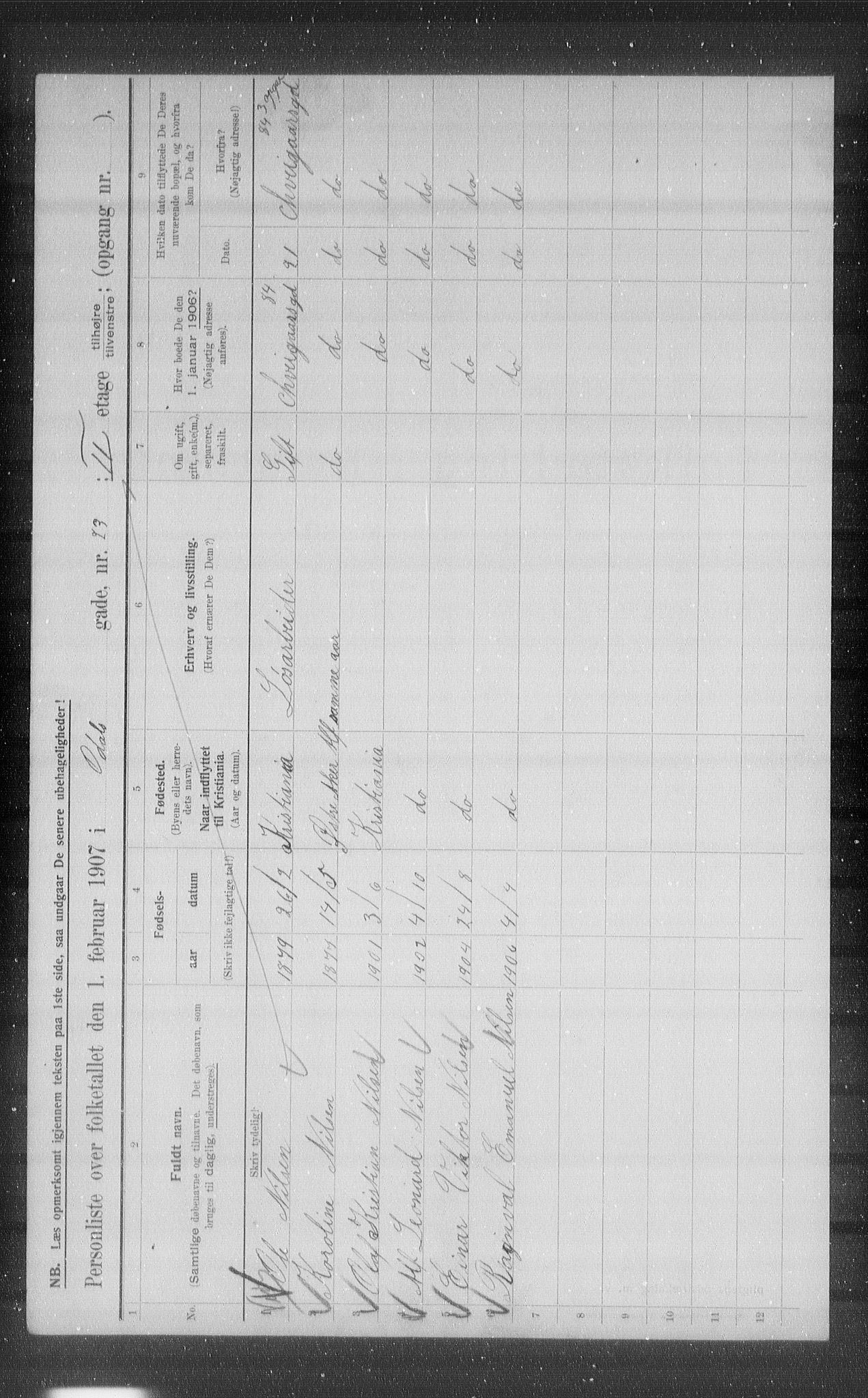 OBA, Kommunal folketelling 1.2.1907 for Kristiania kjøpstad, 1907, s. 38187