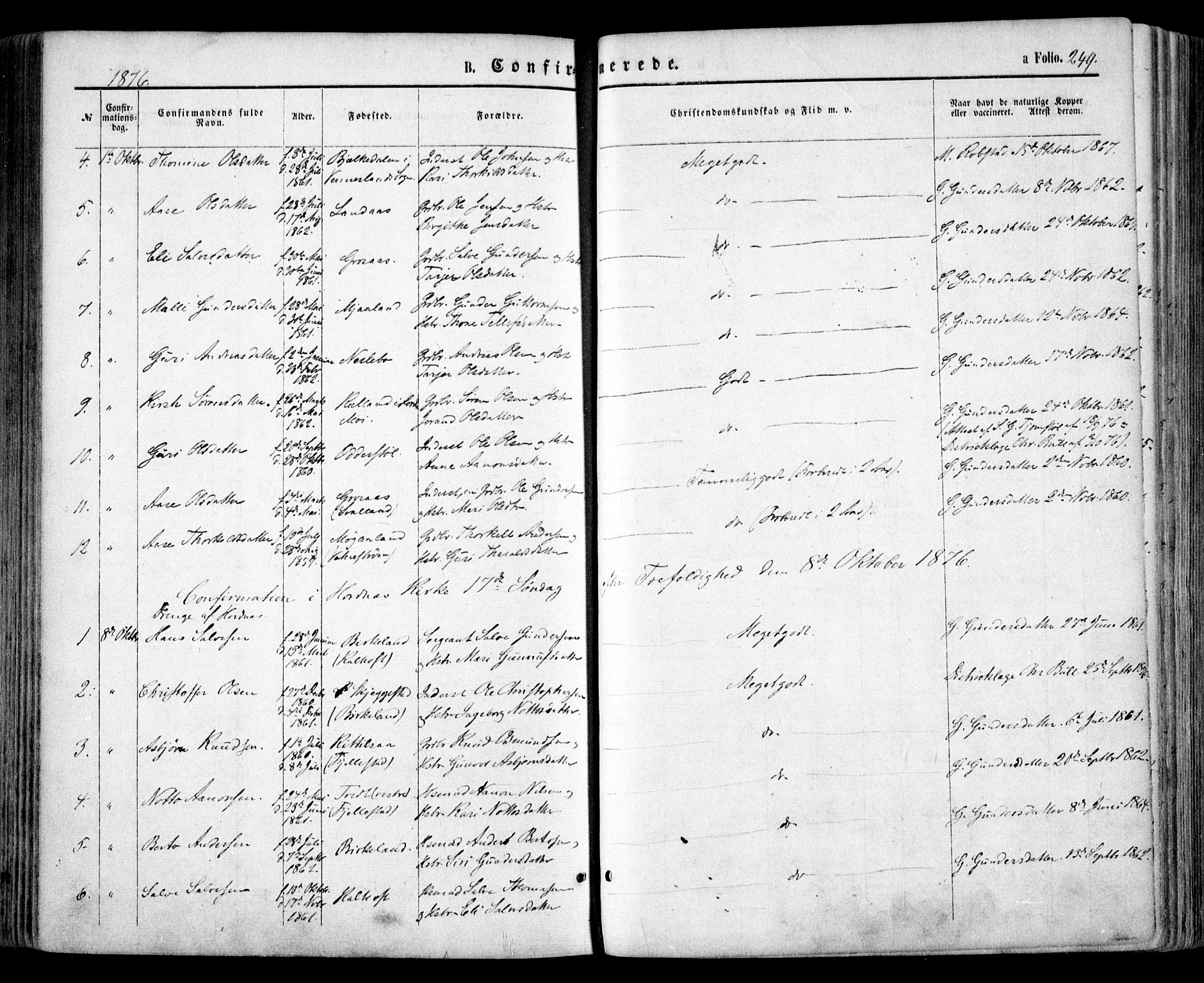 Evje sokneprestkontor, AV/SAK-1111-0008/F/Fa/Faa/L0006: Ministerialbok nr. A 6, 1866-1884, s. 249