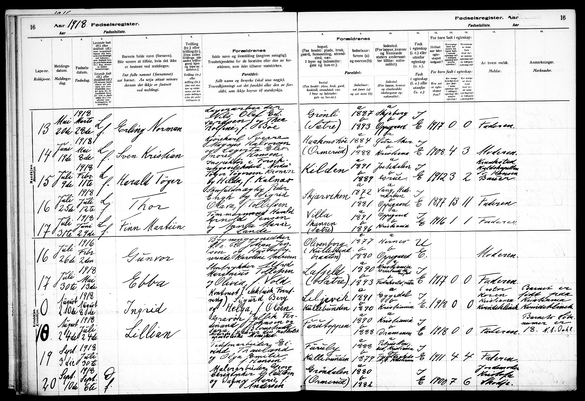 Nesodden prestekontor Kirkebøker, AV/SAO-A-10013/J/Jb/L0001: Fødselsregister nr. II 1, 1916-1933, s. 16