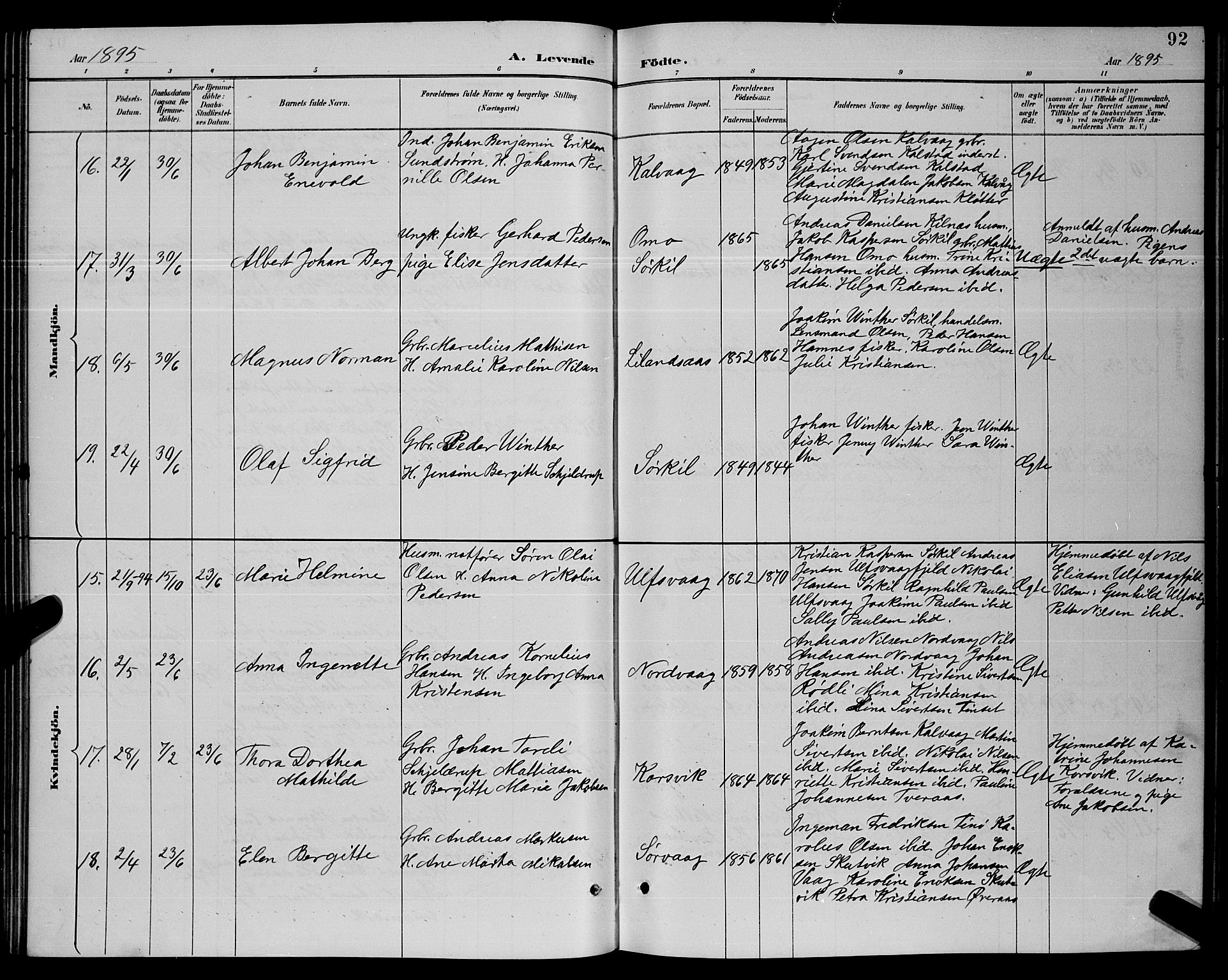 Ministerialprotokoller, klokkerbøker og fødselsregistre - Nordland, AV/SAT-A-1459/859/L0859: Klokkerbok nr. 859C05, 1887-1898, s. 92