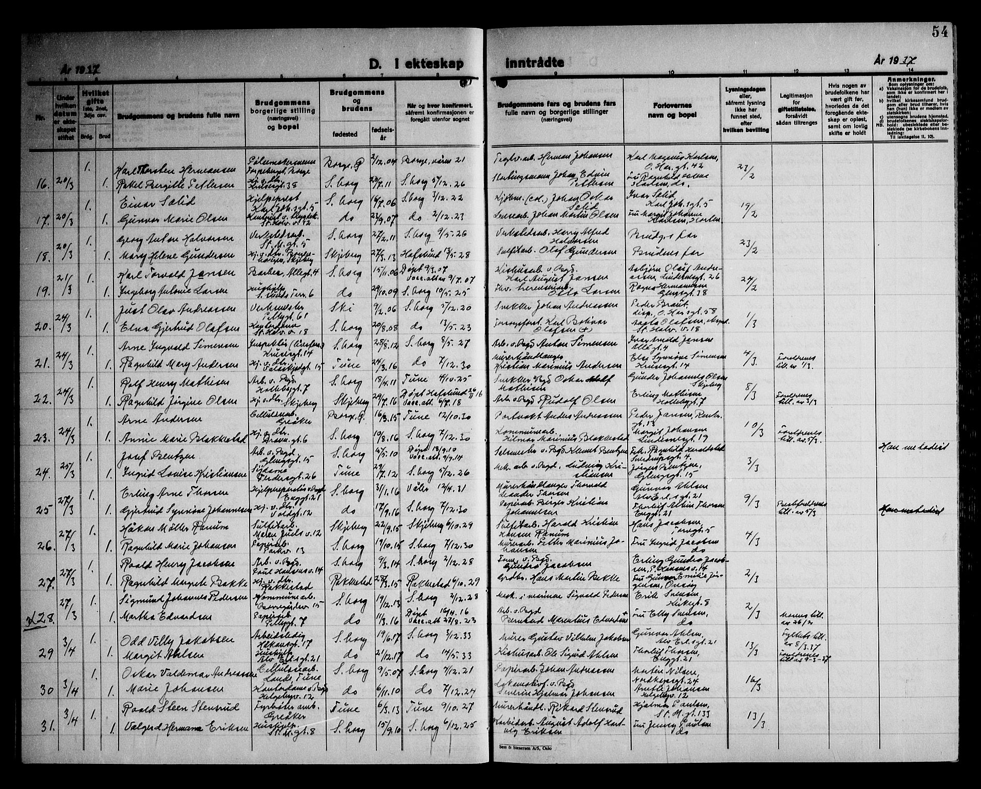 Sarpsborg prestekontor Kirkebøker, AV/SAO-A-2006/G/Ga/L0004: Klokkerbok nr. 4, 1929-1949, s. 54