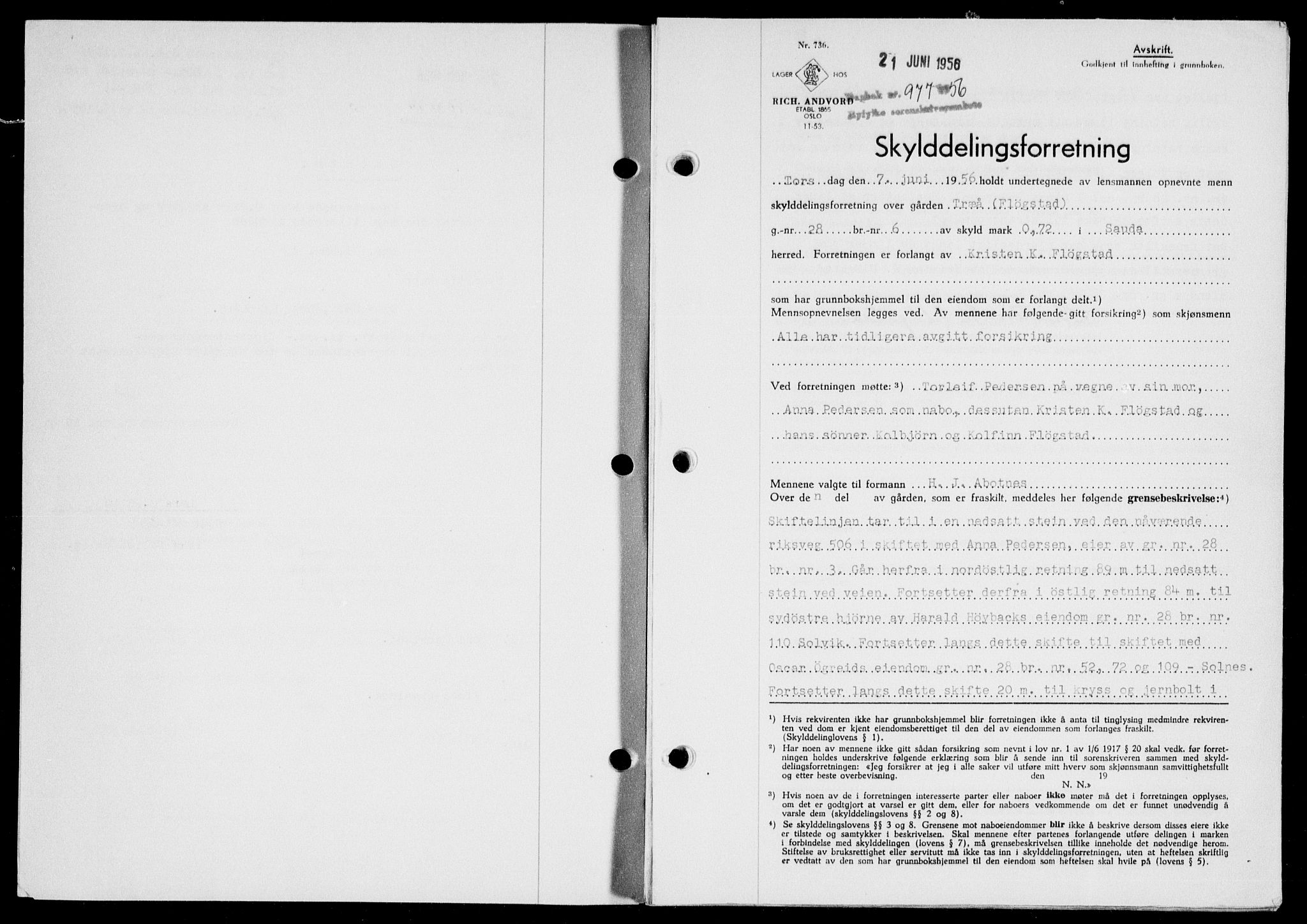 Ryfylke tingrett, SAST/A-100055/001/II/IIB/L0134: Pantebok nr. 113, 1956-1956, Dagboknr: 977/1956