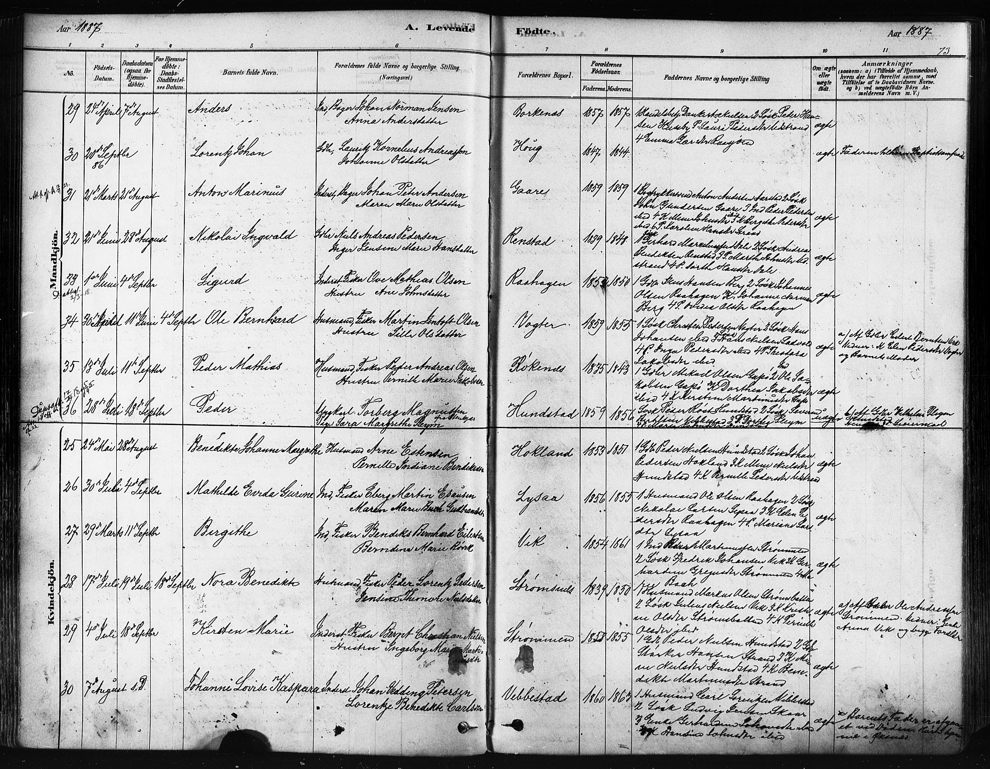 Kvæfjord sokneprestkontor, AV/SATØ-S-1323/G/Ga/Gaa/L0005kirke: Ministerialbok nr. 5, 1878-1894, s. 73
