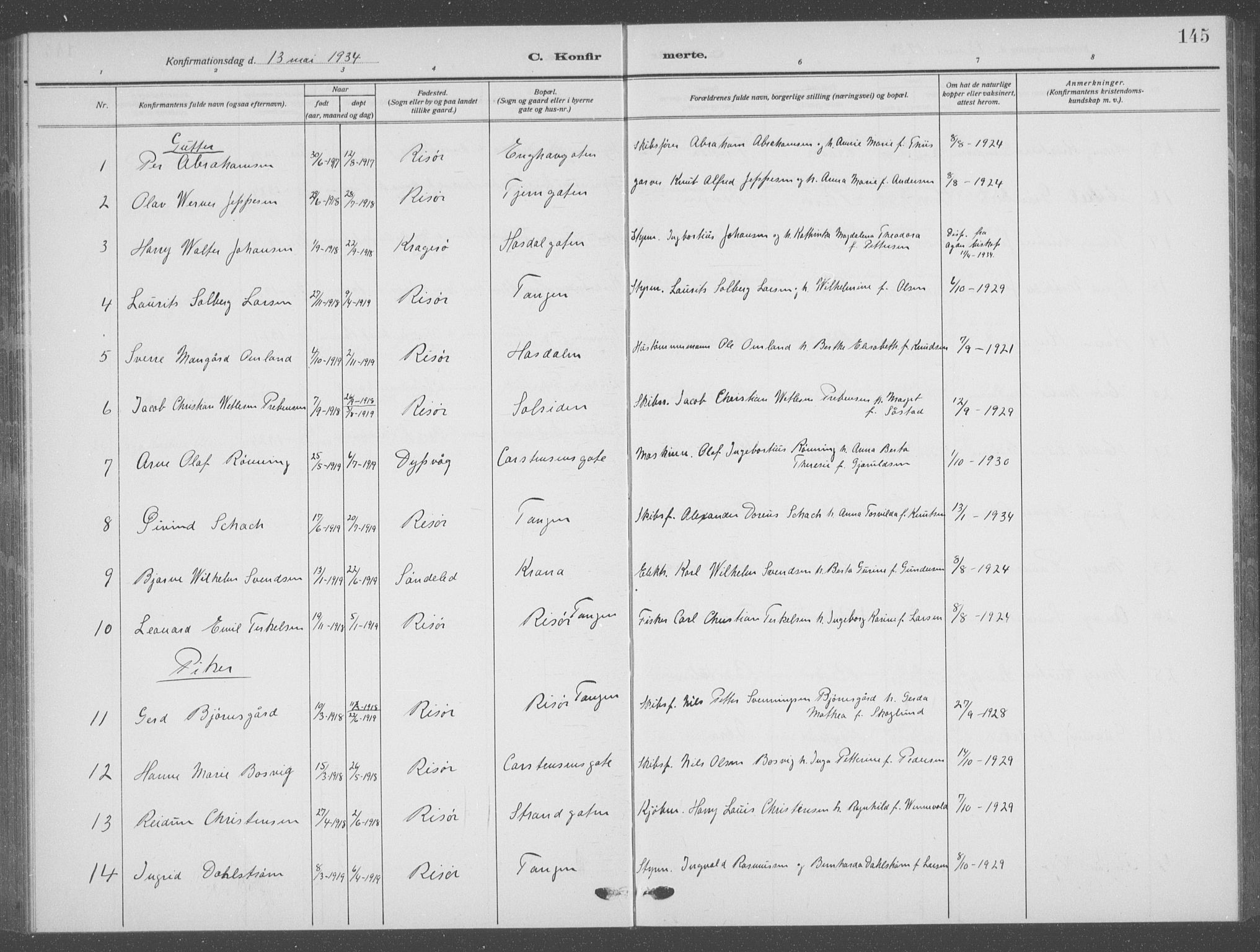 Risør sokneprestkontor, AV/SAK-1111-0035/F/Fb/L0009: Klokkerbok nr. B 9, 1922-1939, s. 145