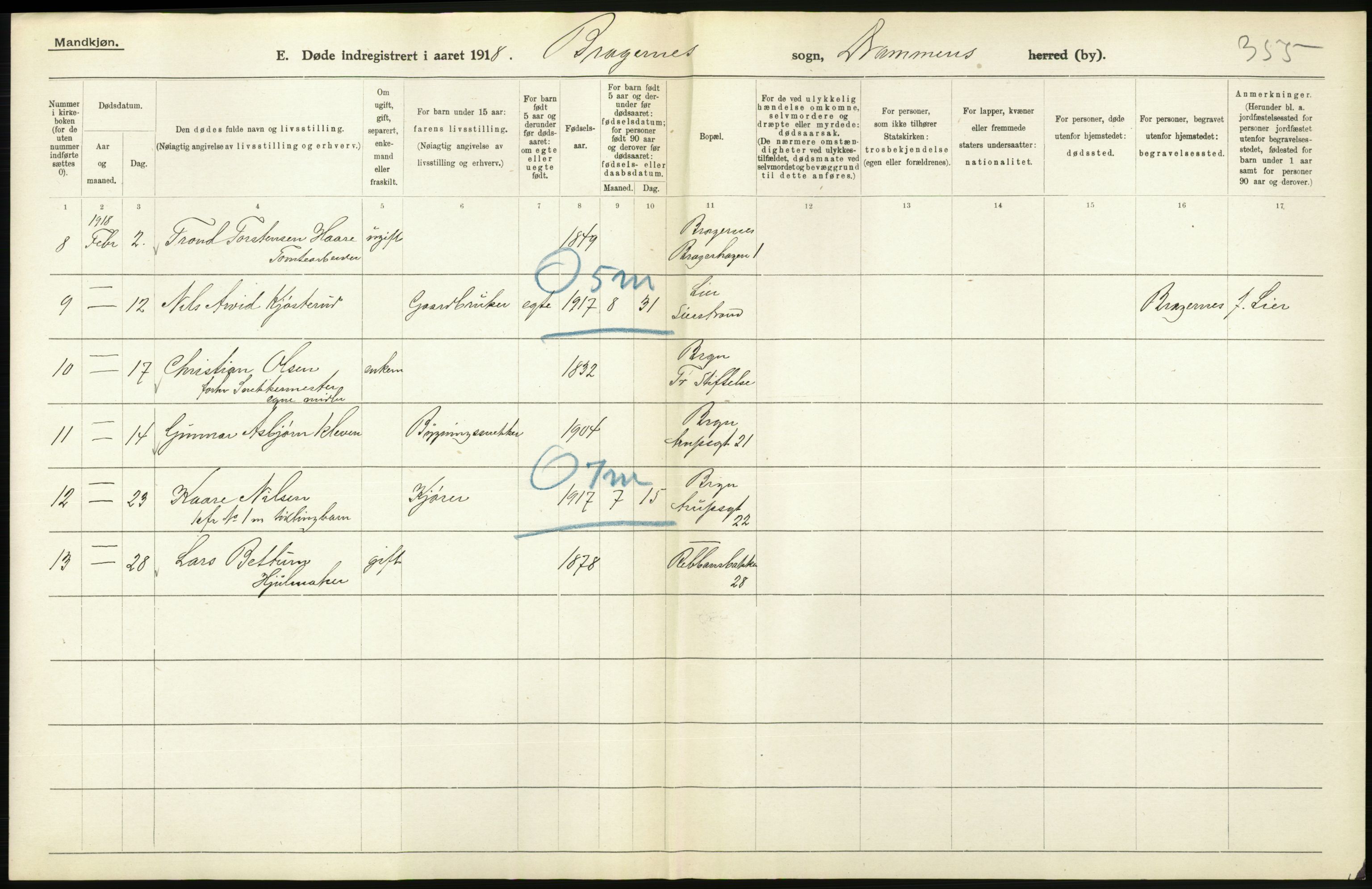 Statistisk sentralbyrå, Sosiodemografiske emner, Befolkning, AV/RA-S-2228/D/Df/Dfb/Dfbh/L0020: Buskerud fylke: Døde. Bygder og byer., 1918, s. 494