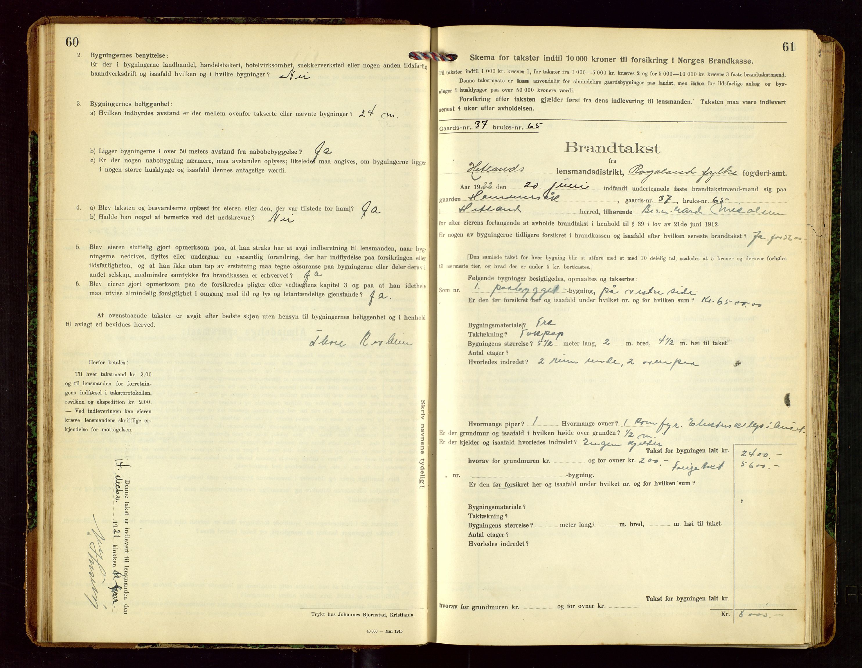 Hetland lensmannskontor, SAST/A-100101/Gob/L0002: "Brandtakstprotokol", 1918-1932, s. 60-61
