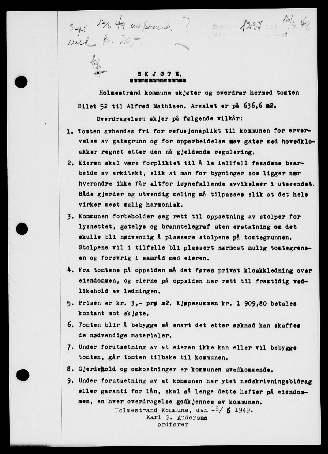 Holmestrand sorenskriveri, SAKO/A-67/G/Ga/Gaa/L0066: Pantebok nr. A-66, 1949-1949, Dagboknr: 1237/1949