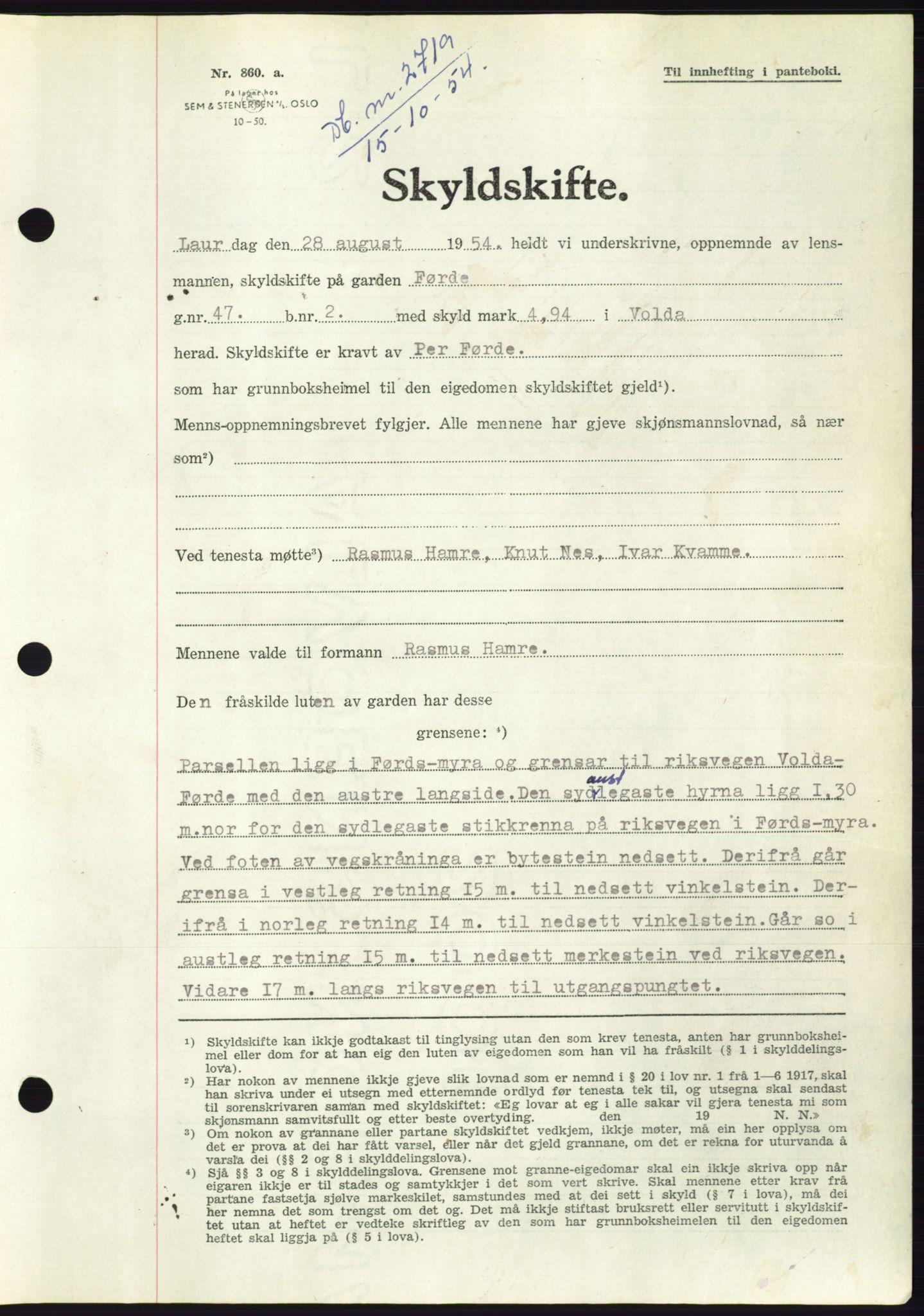 Søre Sunnmøre sorenskriveri, AV/SAT-A-4122/1/2/2C/L0099: Pantebok nr. 25A, 1954-1954, Dagboknr: 2719/1954
