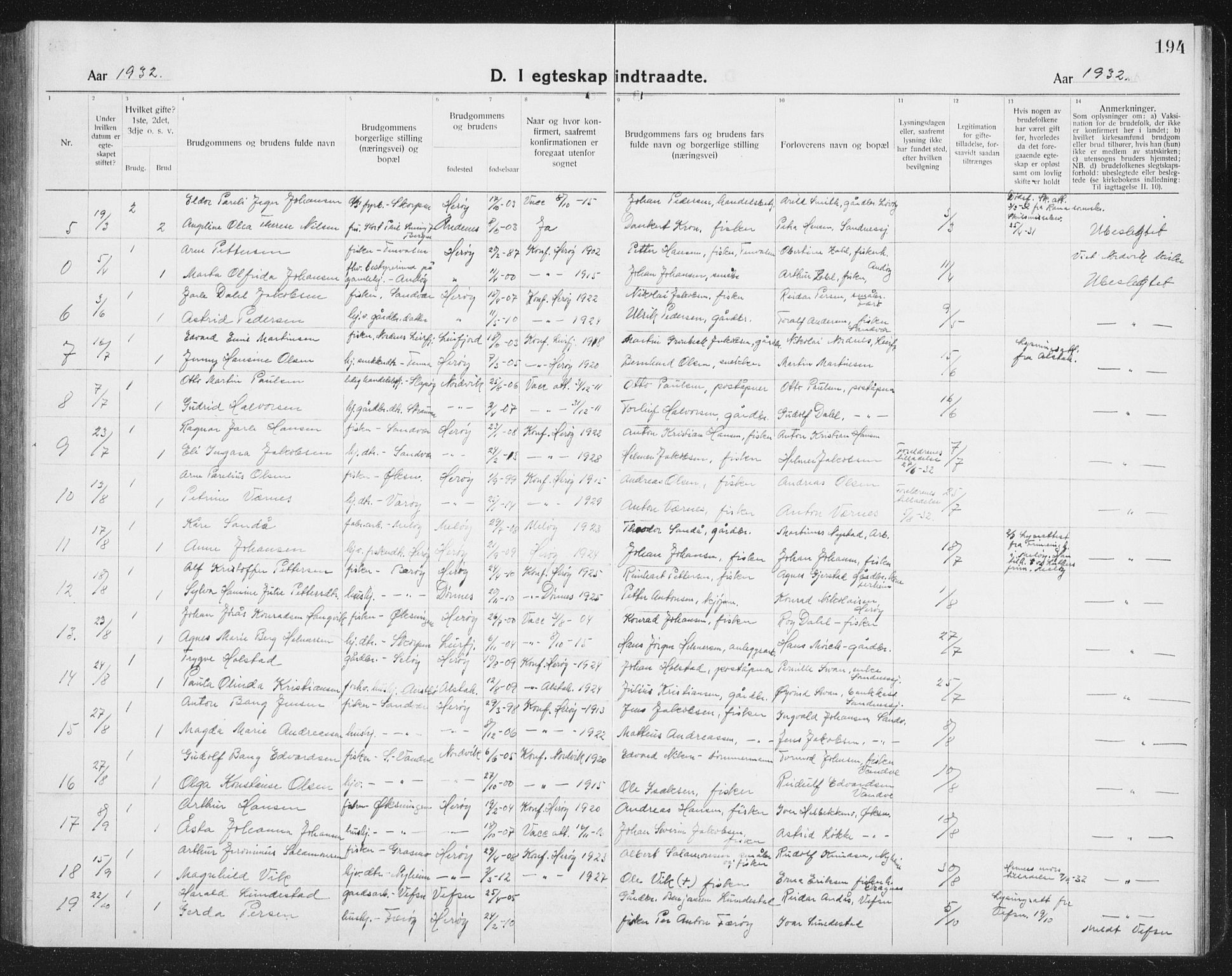 Ministerialprotokoller, klokkerbøker og fødselsregistre - Nordland, AV/SAT-A-1459/834/L0517: Klokkerbok nr. 834C07, 1919-1939, s. 194