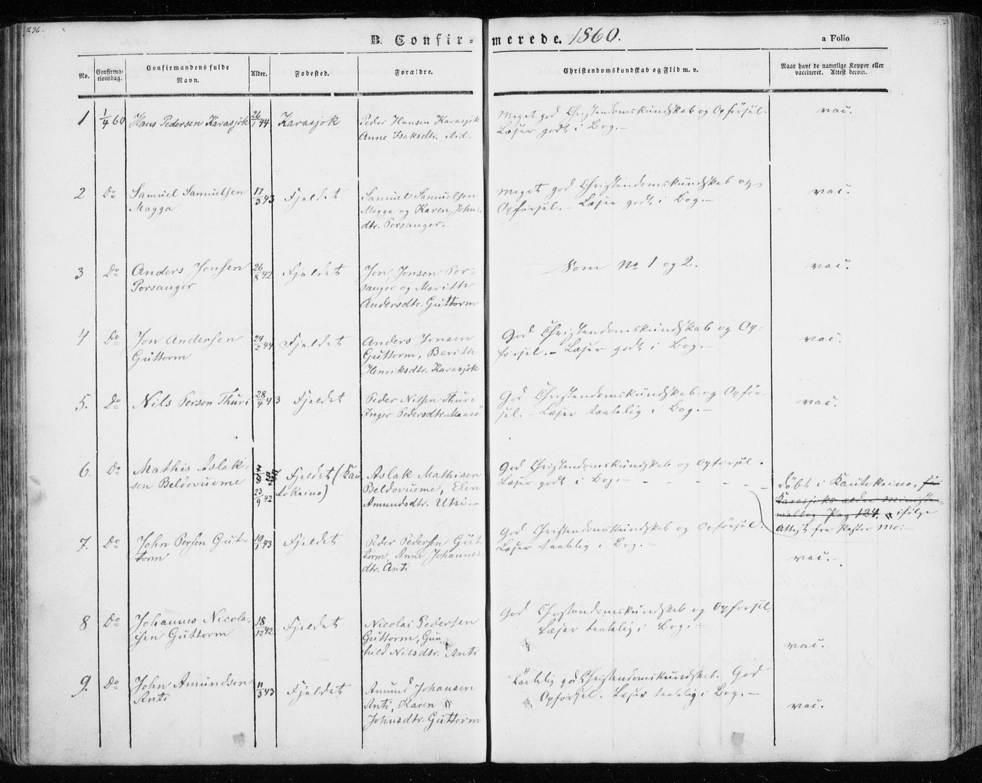 Kistrand/Porsanger sokneprestembete, AV/SATØ-S-1351/H/Ha/L0012.kirke: Ministerialbok nr. 12, 1843-1871, s. 236-237