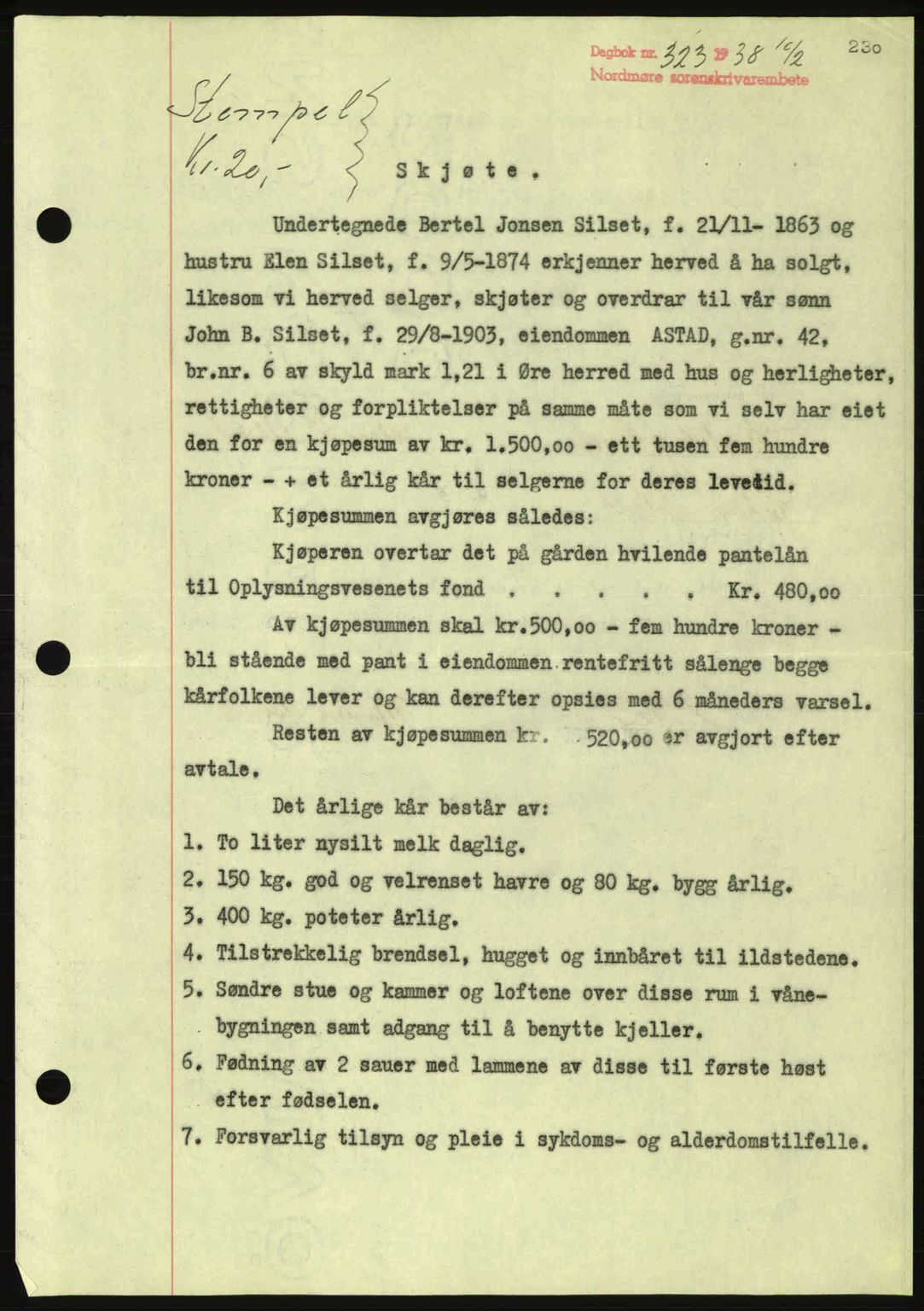 Nordmøre sorenskriveri, SAT/A-4132/1/2/2Ca: Pantebok nr. A83, 1938-1938, Dagboknr: 323/1938