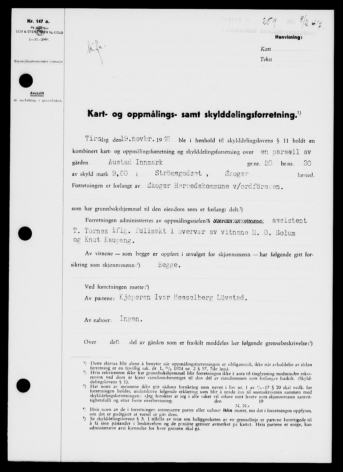 Holmestrand sorenskriveri, SAKO/A-67/G/Ga/Gaa/L0061: Pantebok nr. A-61, 1946-1947, Dagboknr: 259/1947