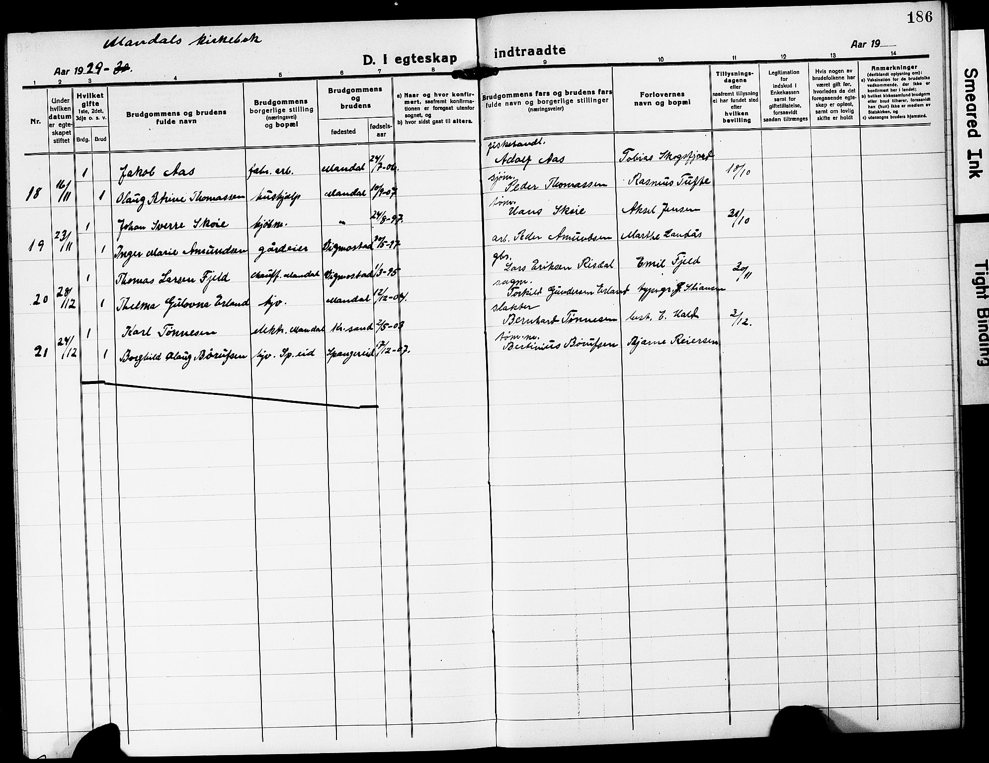 Mandal sokneprestkontor, AV/SAK-1111-0030/F/Fb/Fba/L0013: Klokkerbok nr. B 7, 1918-1931, s. 186