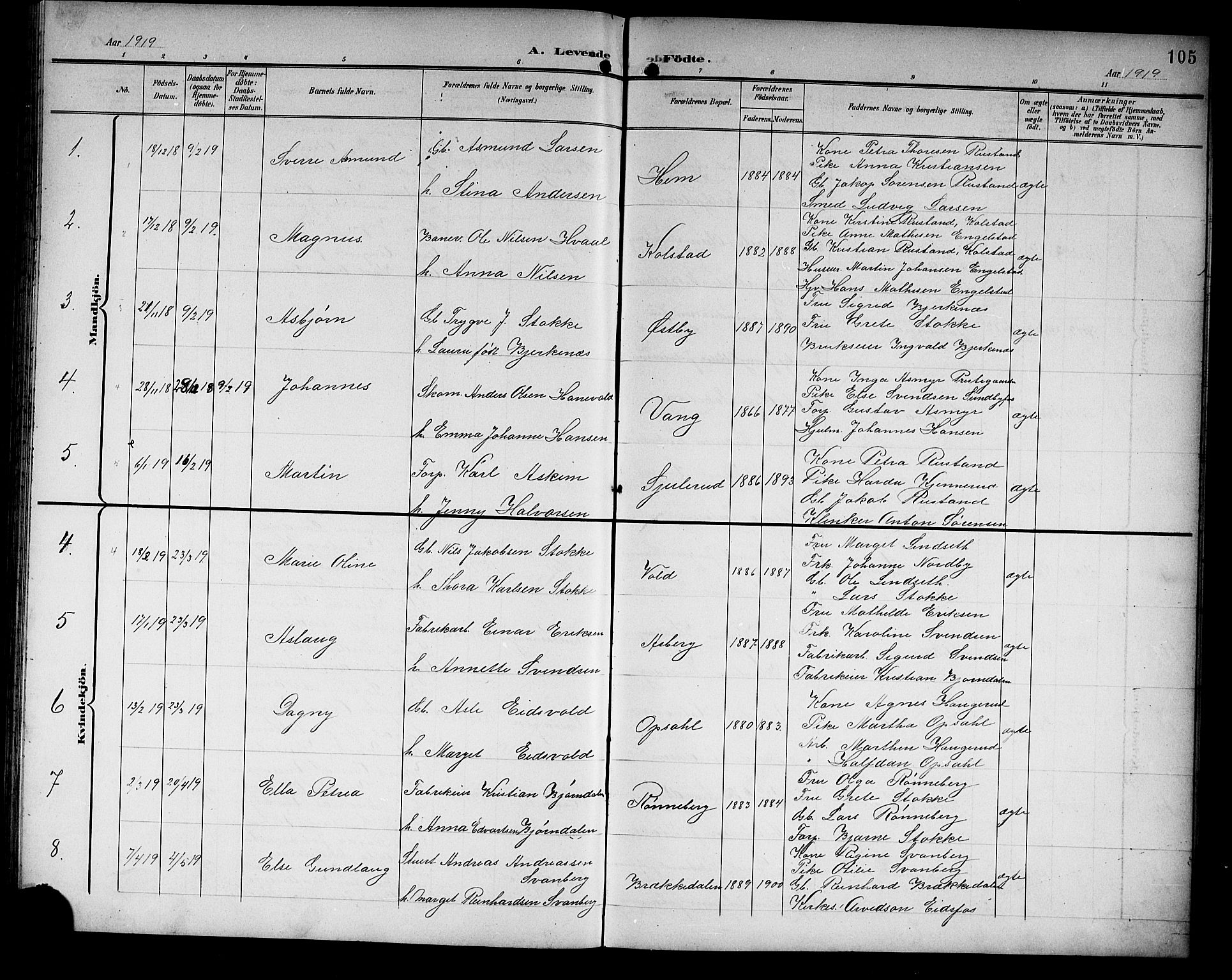 Hof kirkebøker, AV/SAKO-A-64/G/Ga/L0005: Klokkerbok nr. I 5, 1899-1922, s. 105