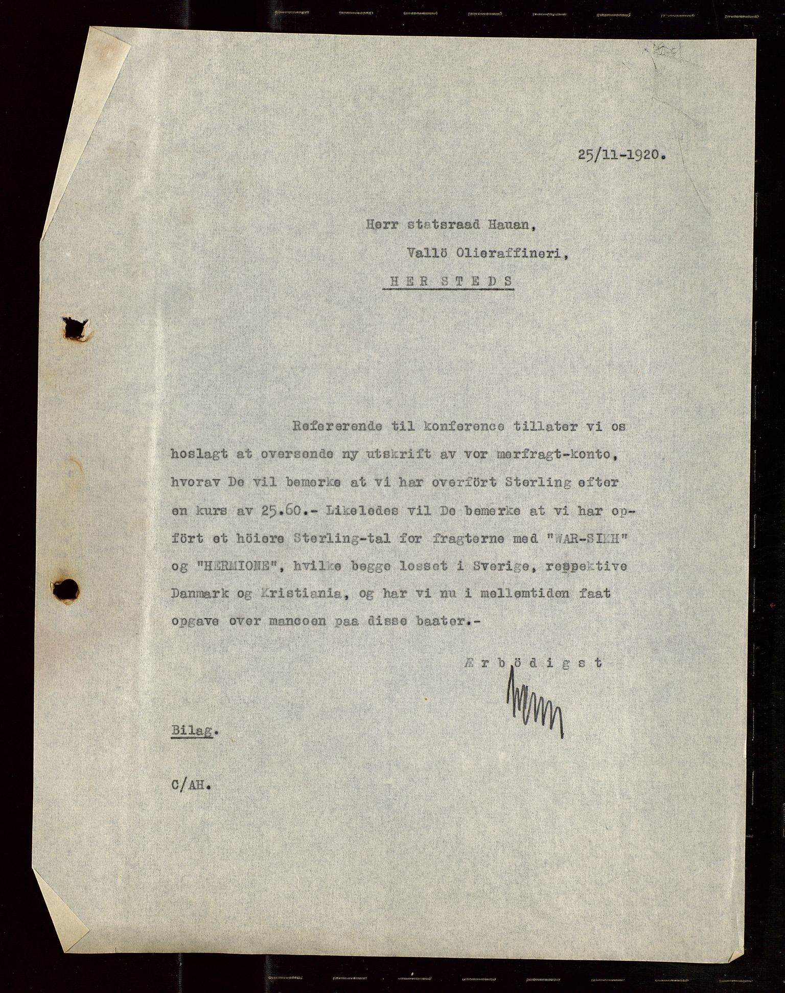 Pa 1521 - A/S Norske Shell, AV/SAST-A-101915/E/Ea/Eaa/L0009: Sjefskorrespondanse, 1920, s. 283