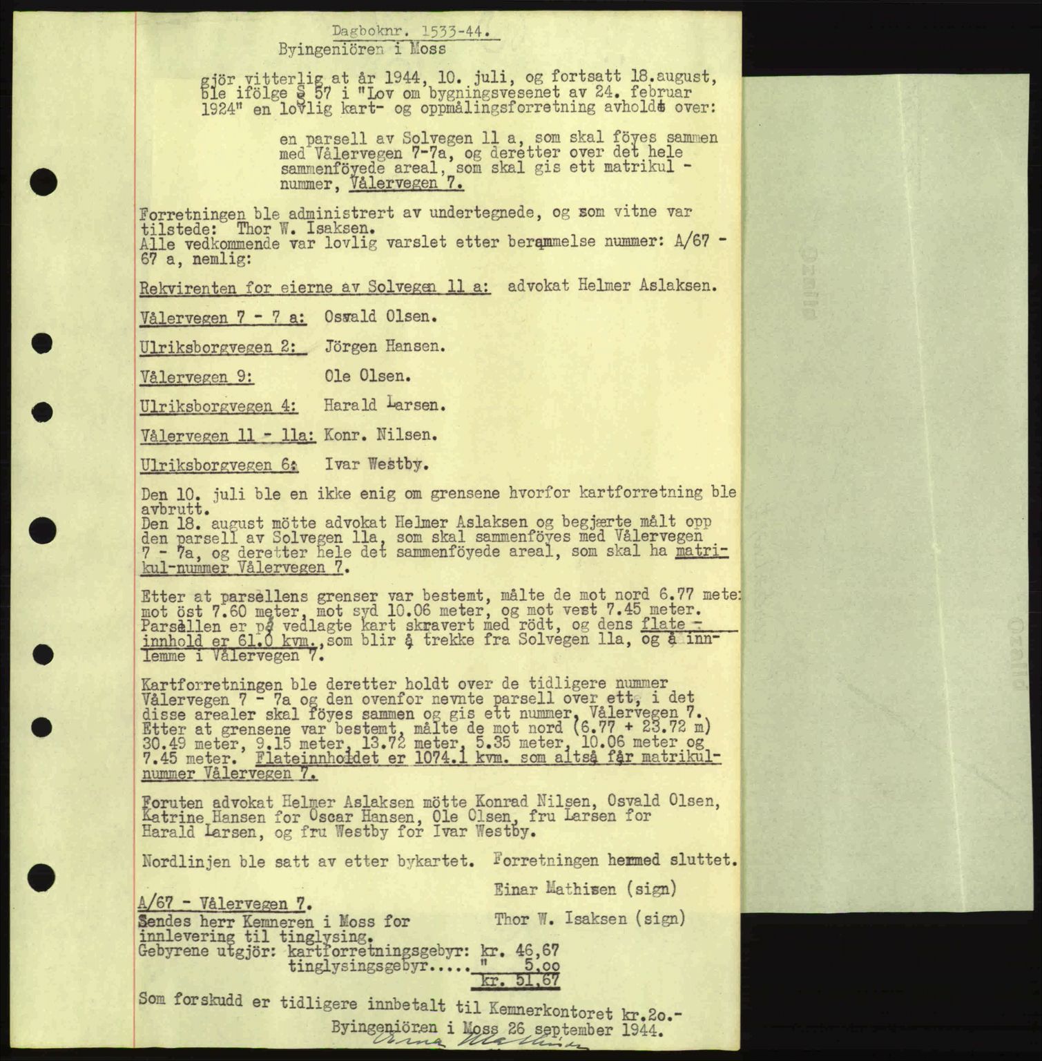 Moss sorenskriveri, SAO/A-10168: Pantebok nr. A13, 1944-1945, Dagboknr: 1533/1944