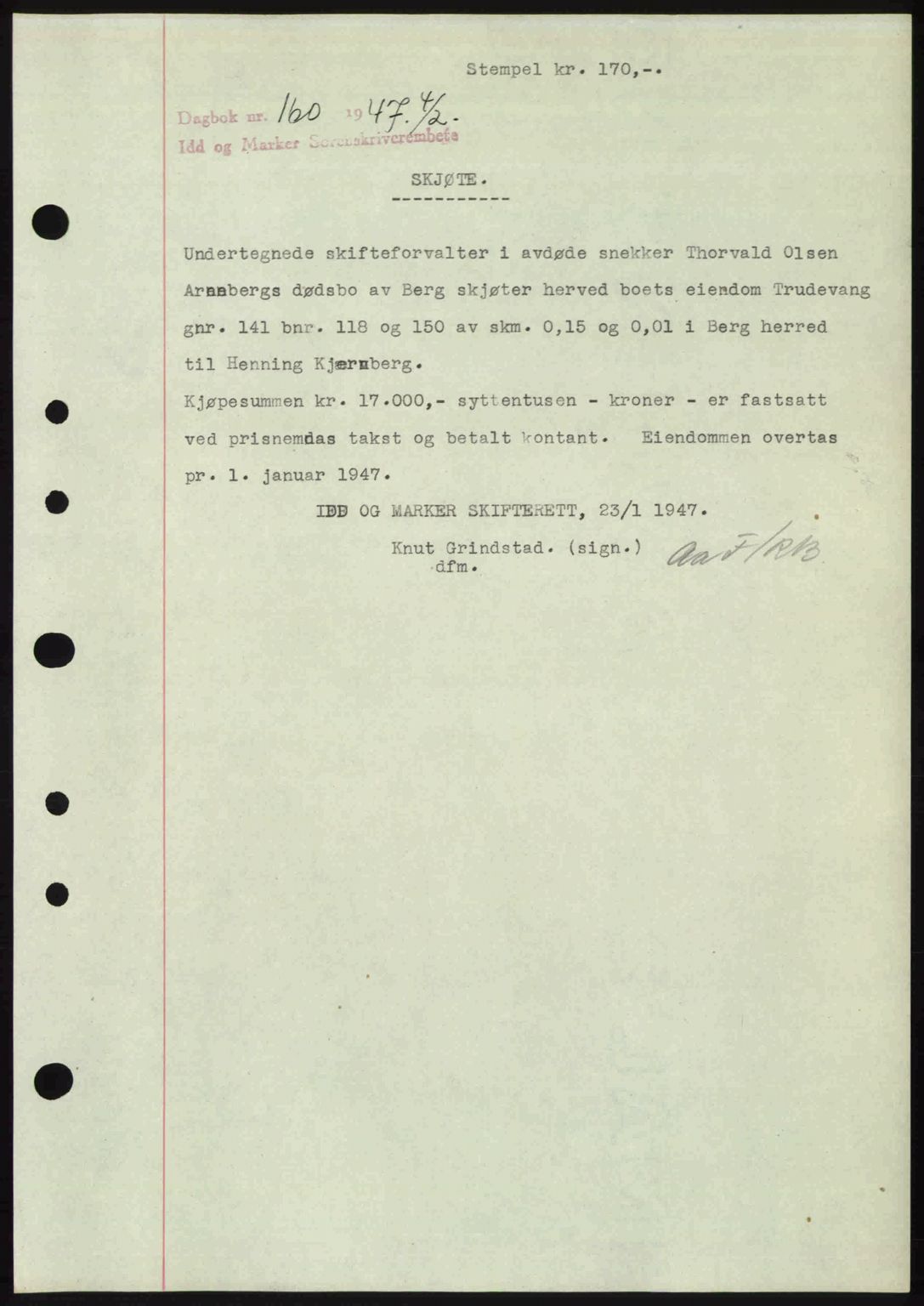 Idd og Marker sorenskriveri, SAO/A-10283/G/Gb/Gbb/L0009: Pantebok nr. A9, 1946-1947, Dagboknr: 160/1947