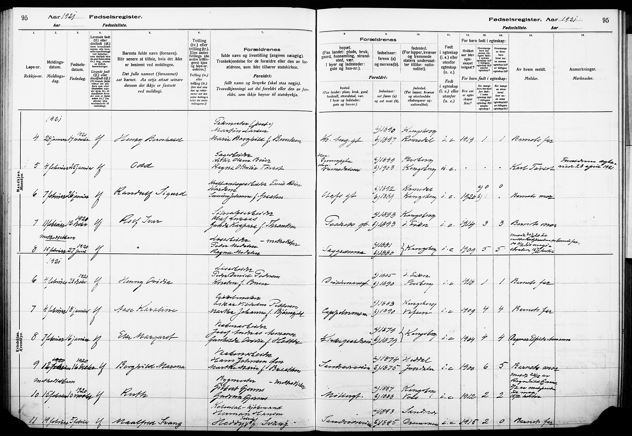 Kongsberg kirkebøker, AV/SAKO-A-22/J/Ja/L0001: Fødselsregister nr. I 1, 1916-1927, s. 95
