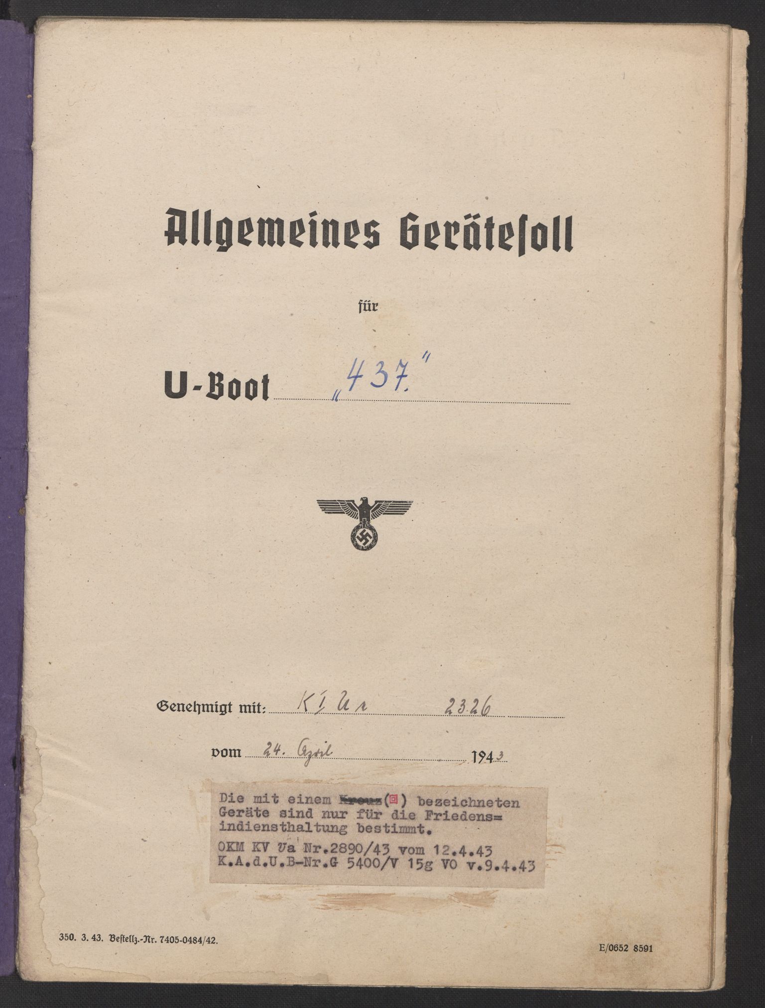 Kriegsmarine Norwegen, Unterseeboote, AV/RA-RAFA-5082/F/L0003/0002: -- / Allgemeines Gerätesoll für Untersee-Boote Typ VII, "U-437" (122), 1943
