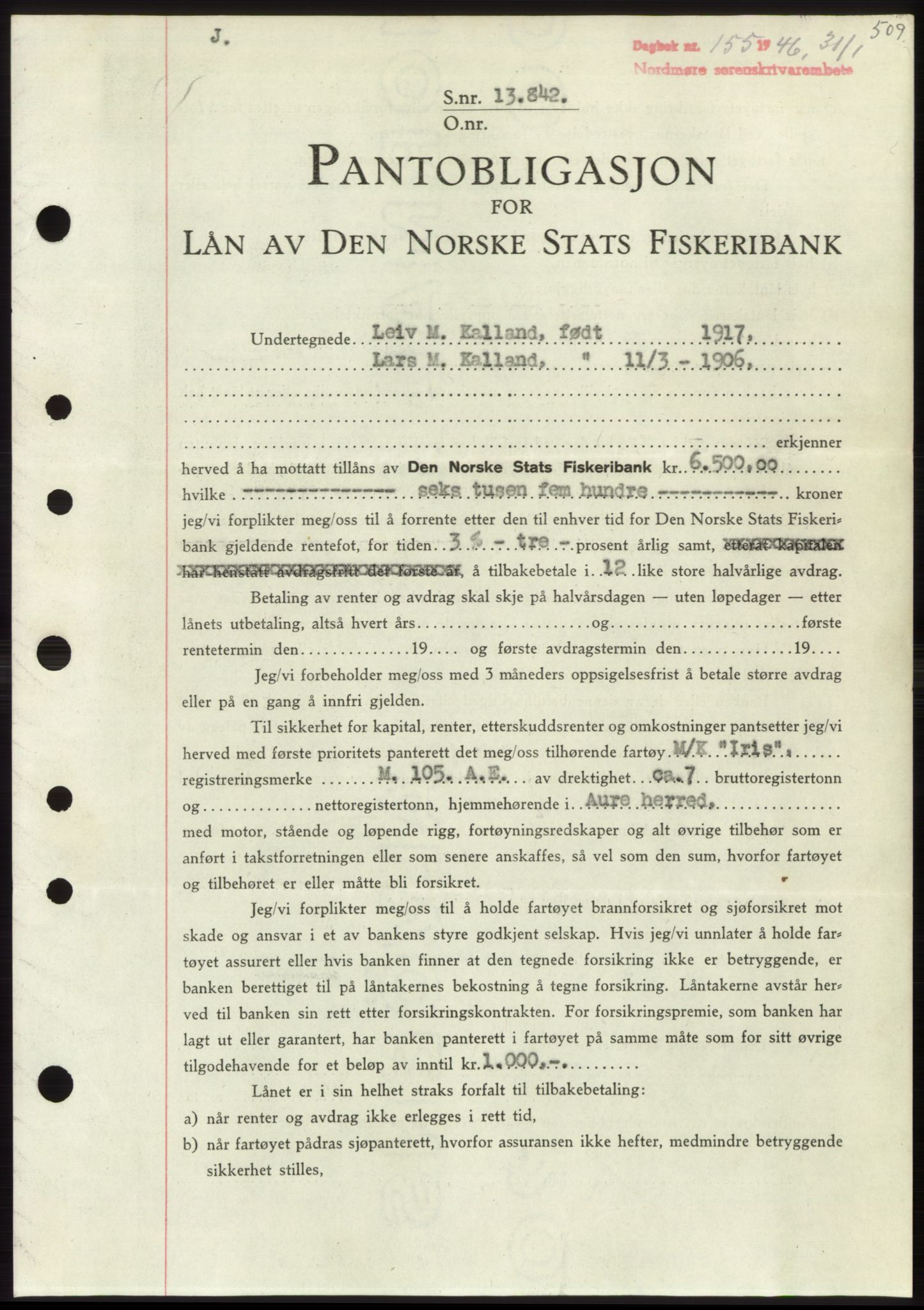 Nordmøre sorenskriveri, SAT/A-4132/1/2/2Ca: Pantebok nr. B93b, 1946-1946, Dagboknr: 155/1946