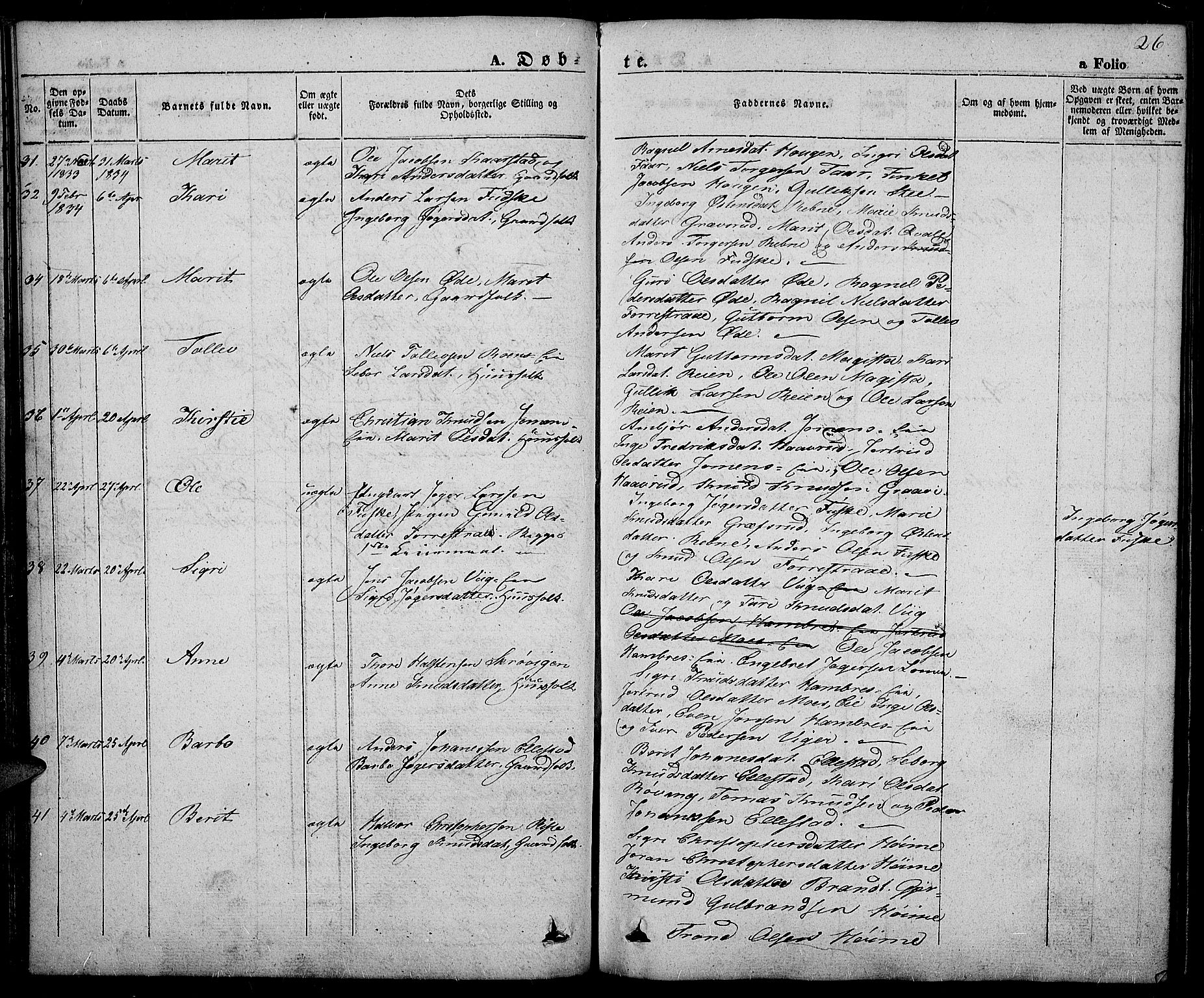 Slidre prestekontor, AV/SAH-PREST-134/H/Ha/Haa/L0003: Ministerialbok nr. 3, 1831-1843, s. 26