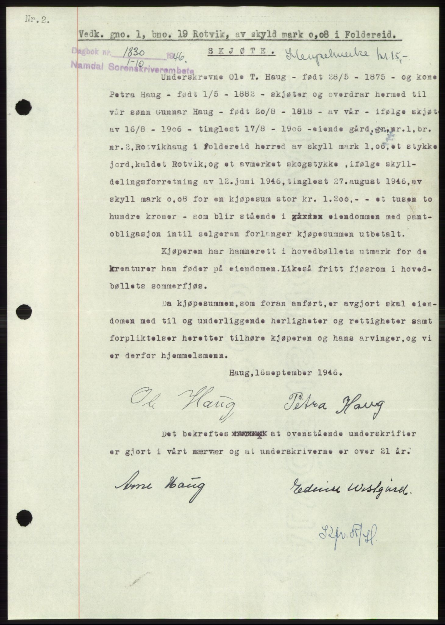 Namdal sorenskriveri, SAT/A-4133/1/2/2C: Pantebok nr. -, 1946-1947, Dagboknr: 1830/1946