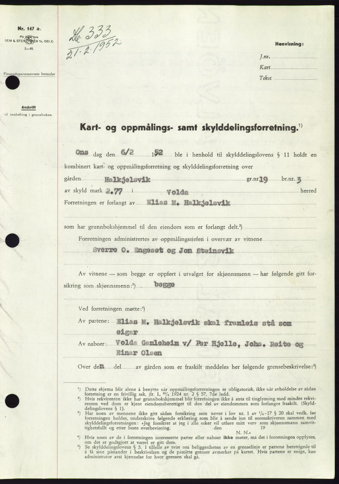 Søre Sunnmøre sorenskriveri, SAT/A-4122/1/2/2C/L0091: Pantebok nr. 17A, 1951-1952, Dagboknr: 333/1952