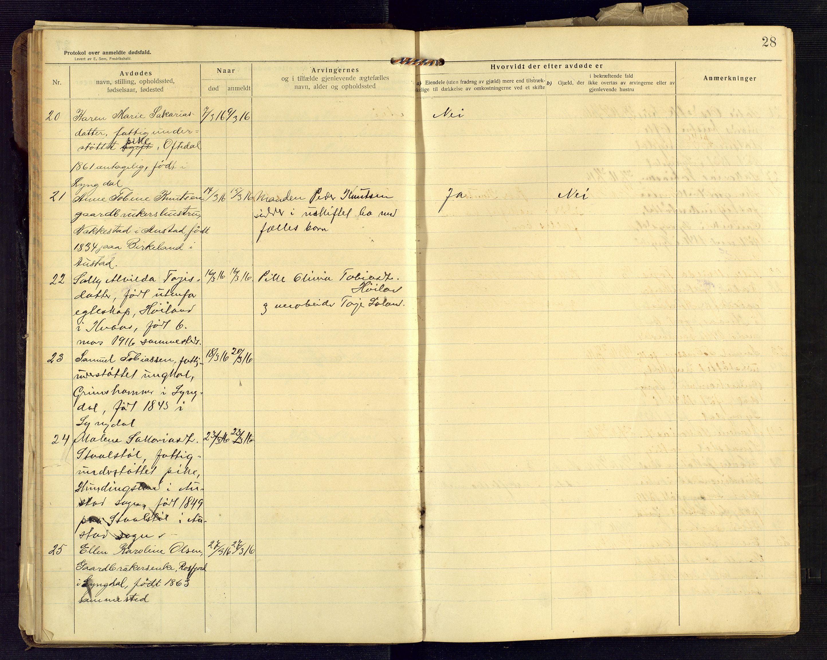 Lyngdal lensmannskontor, AV/SAK-1241-0031/F/Fe/L0001/0003: Dødsfall nr 8 / Dødsfallsprotokoll, 1914-1923, s. 28