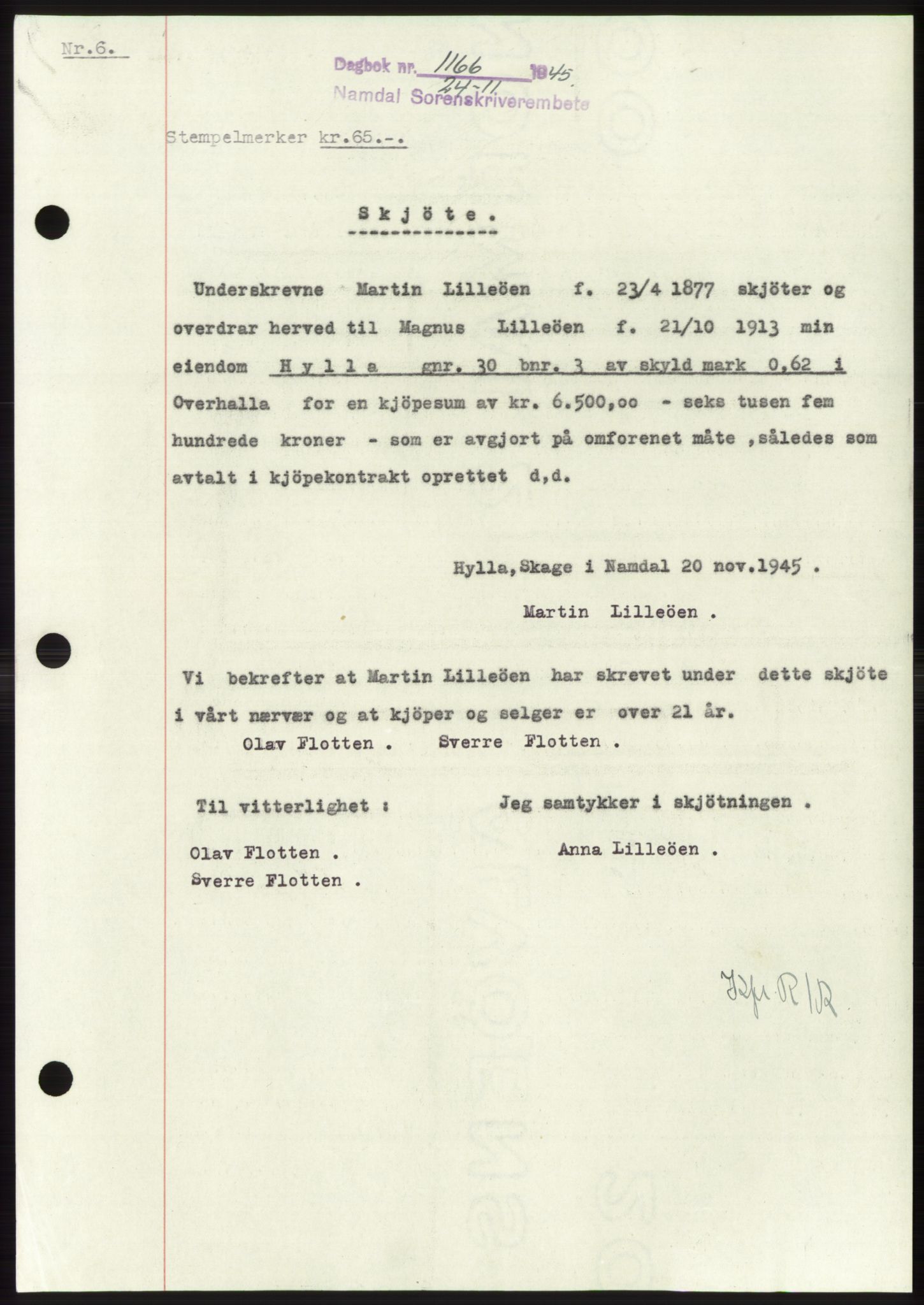 Namdal sorenskriveri, SAT/A-4133/1/2/2C: Pantebok nr. -, 1944-1945, Dagboknr: 1166/1945