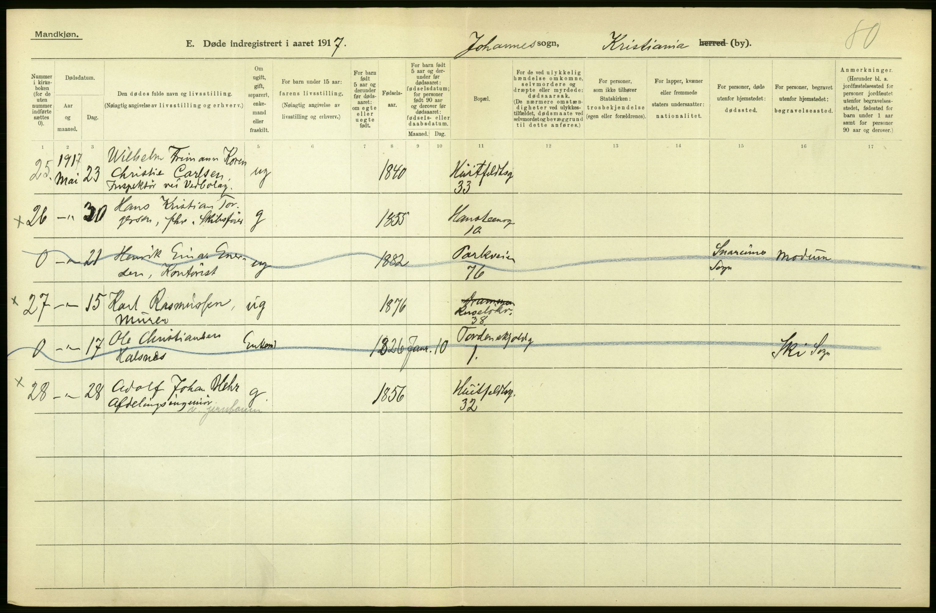 Statistisk sentralbyrå, Sosiodemografiske emner, Befolkning, AV/RA-S-2228/D/Df/Dfb/Dfbg/L0010: Kristiania: Døde, 1917, s. 496