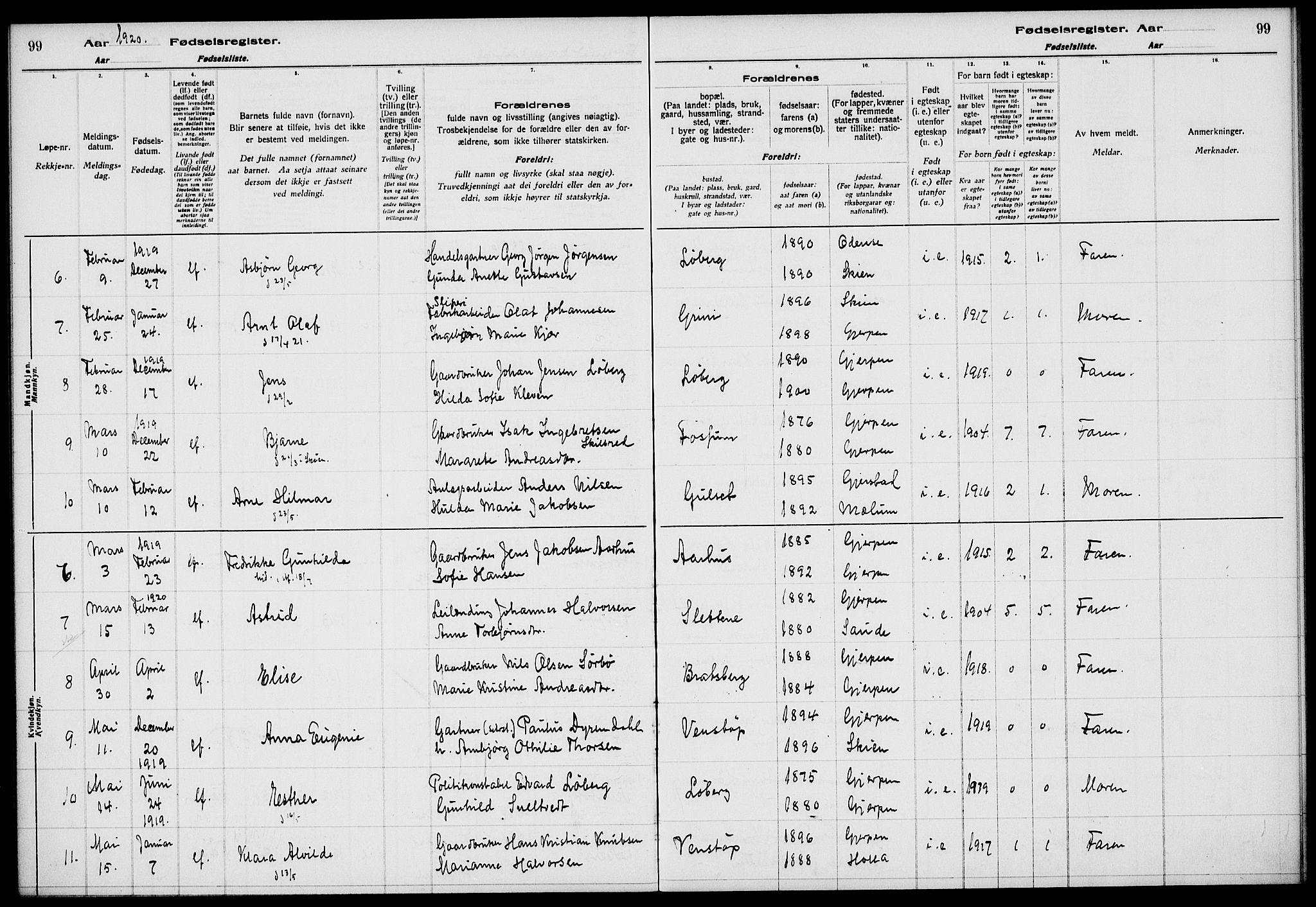 Gjerpen kirkebøker, SAKO/A-265/J/Ja/L0001: Fødselsregister nr. 1, 1916-1926, s. 99