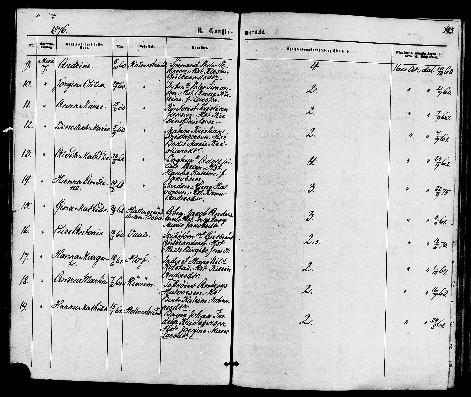 Holmestrand kirkebøker, AV/SAKO-A-346/F/Fa/L0003: Ministerialbok nr. 3, 1867-1879, s. 143