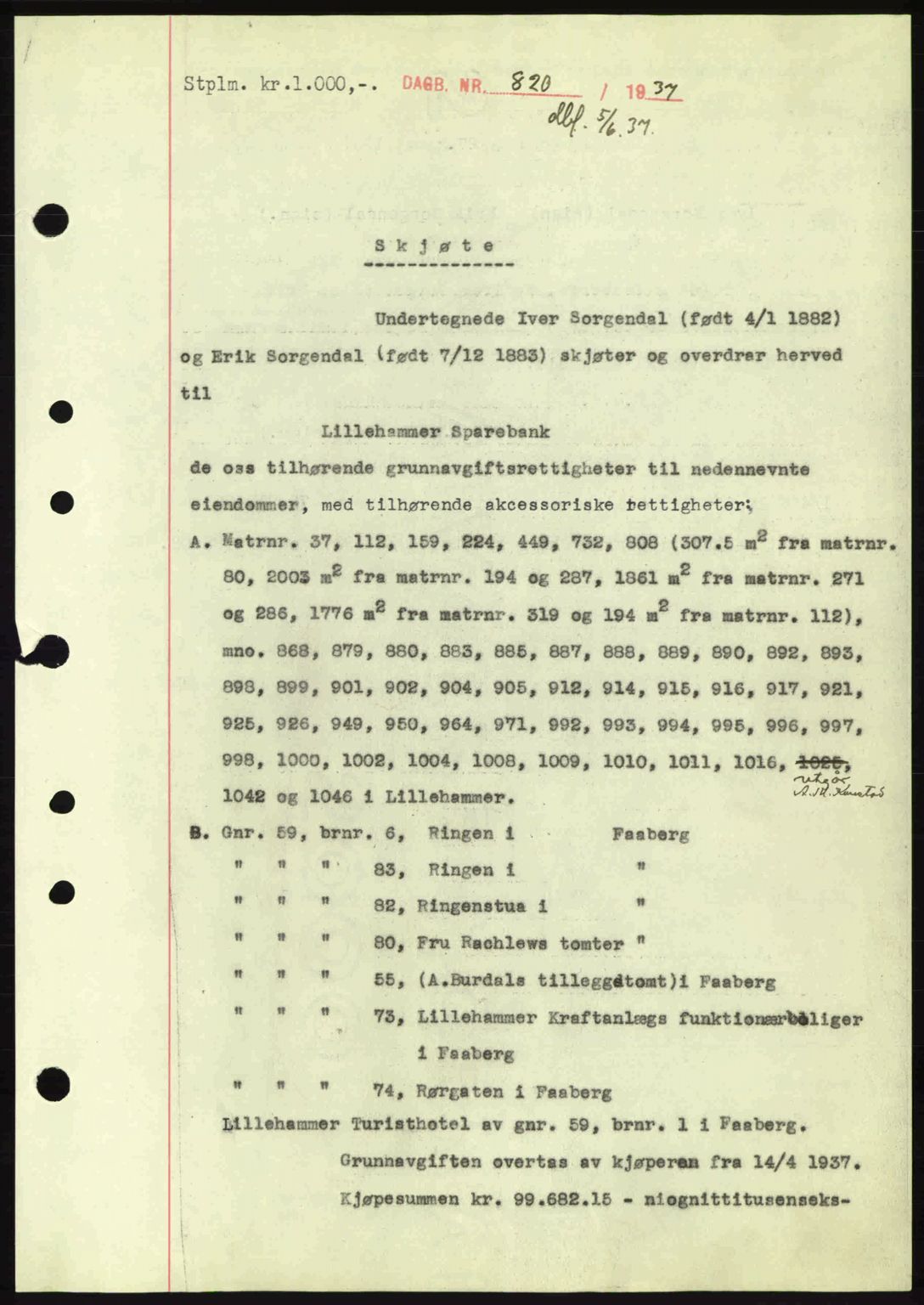 Sør-Gudbrandsdal tingrett, SAH/TING-004/H/Hb/Hbd/L0002: Pantebok nr. A2, 1936-1937, Dagboknr: 820/1937