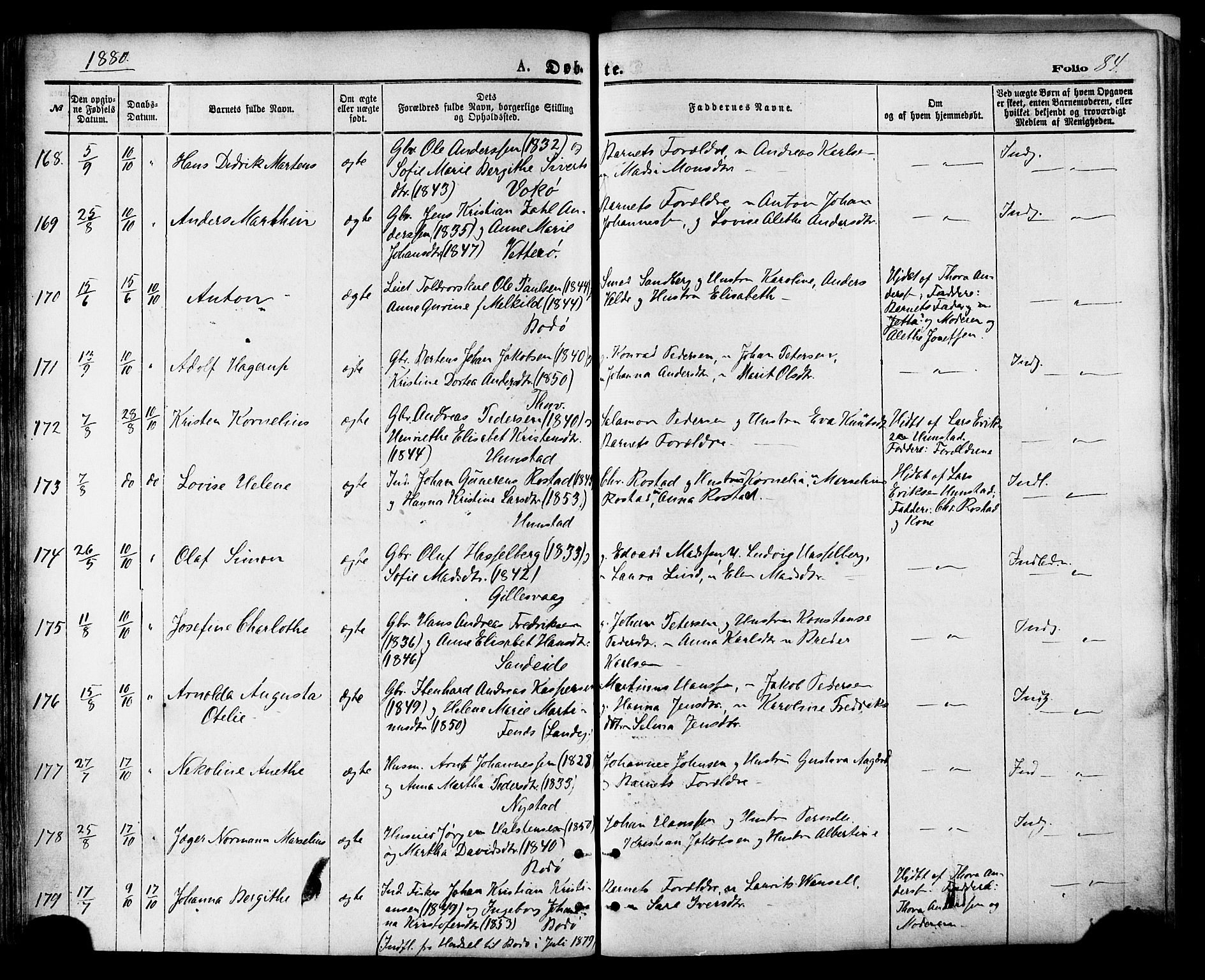 Ministerialprotokoller, klokkerbøker og fødselsregistre - Nordland, AV/SAT-A-1459/801/L0009: Ministerialbok nr. 801A09, 1876-1883, s. 84